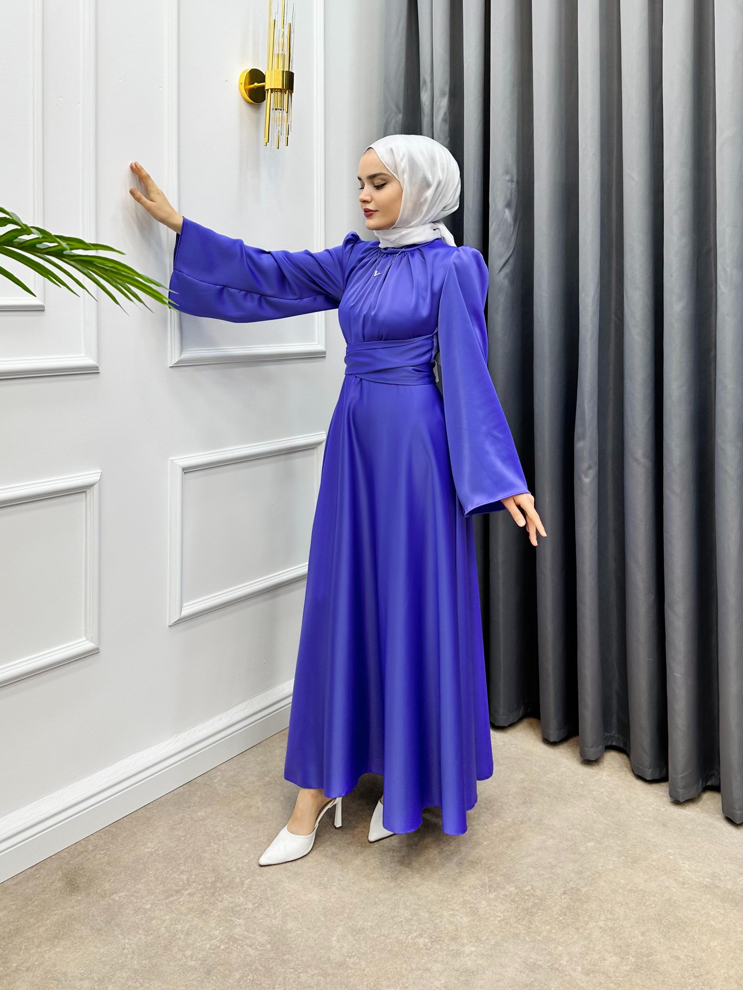 İSPANYOL KOL SATEN ELBİSE MOR