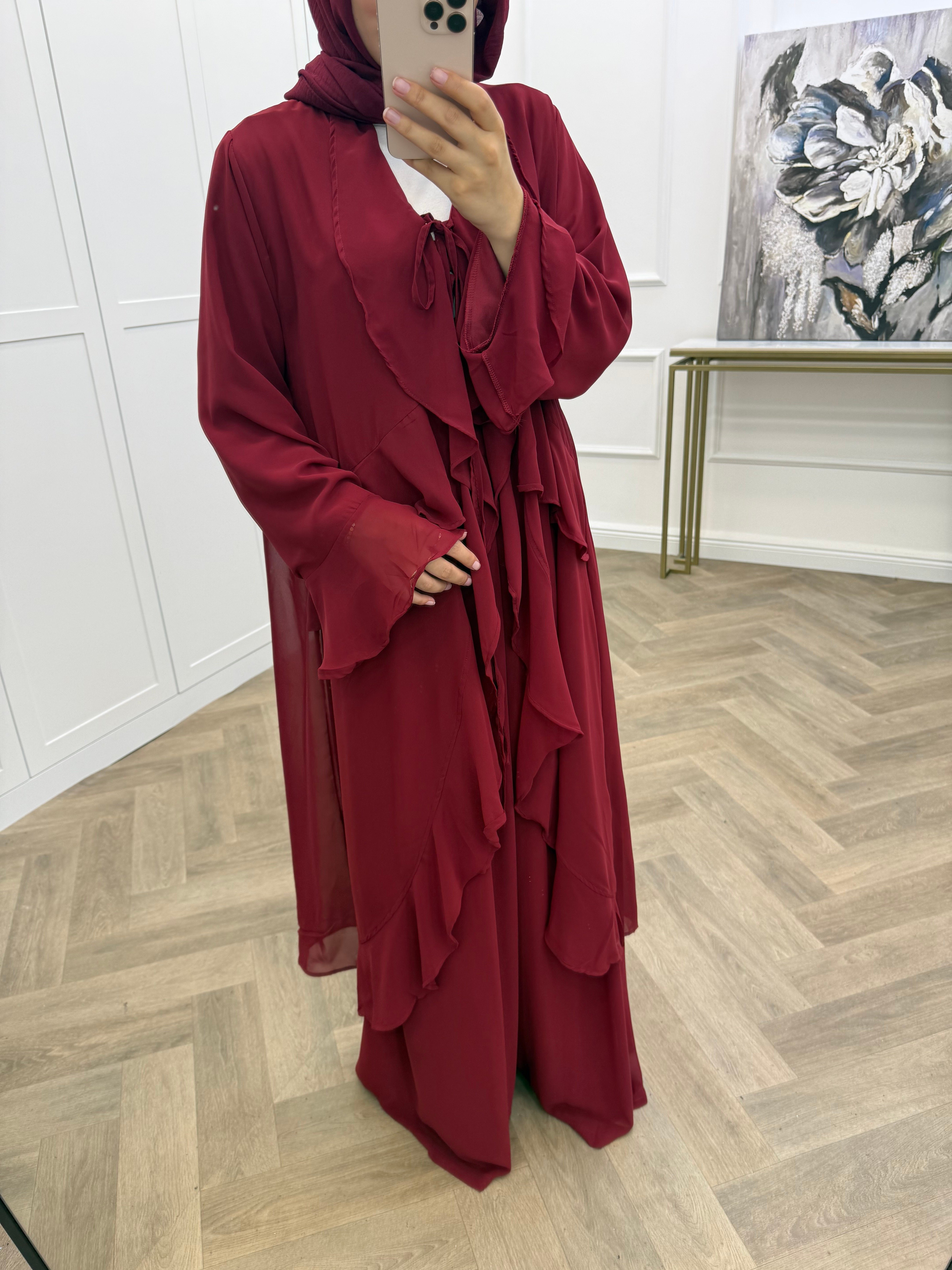JARCE ŞİFON FIRFIRLI PANTOLONLU TAKIM BORDO