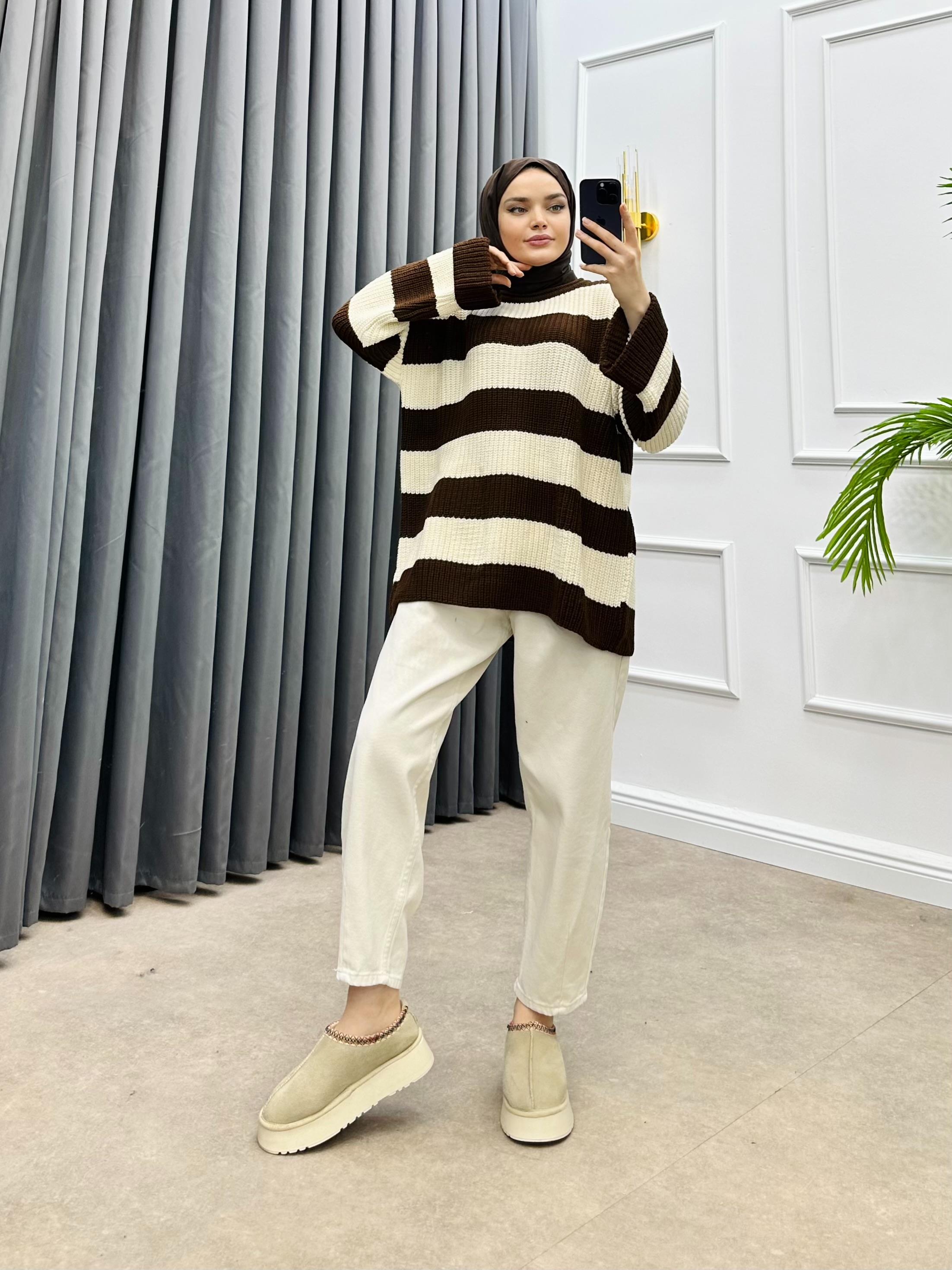 KALIN ÇİZGİLİ KAZAK KAHVE