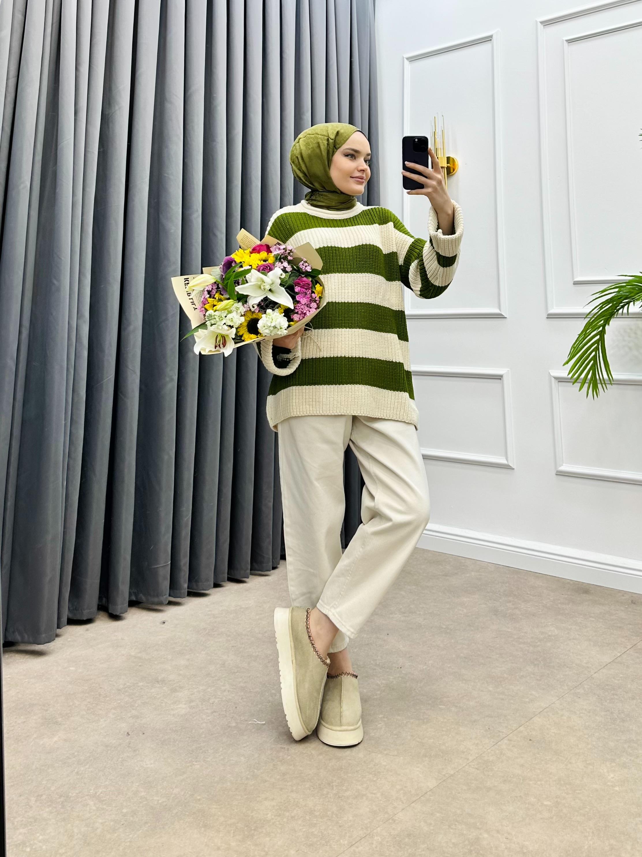 KALIN ÇİZGİLİ KAZAK YAĞ YEŞİLİ