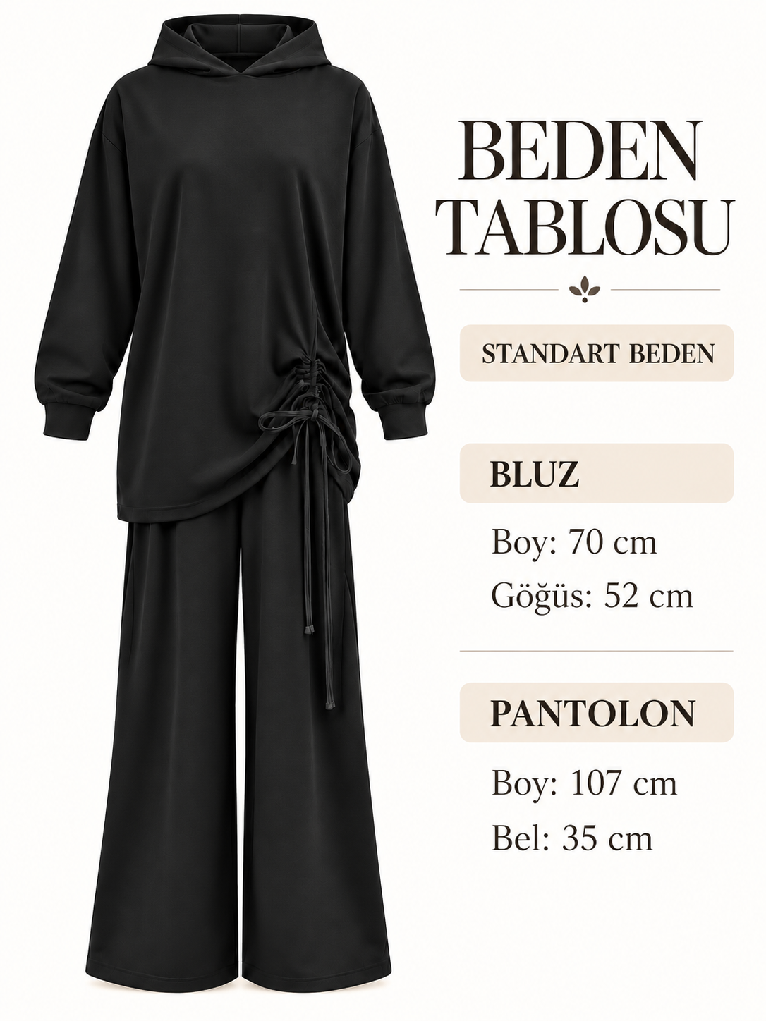 KAPÜŞONLU ÖNDEN BÜZGÜLÜ PANTOLONLU TAKIM SİYAH