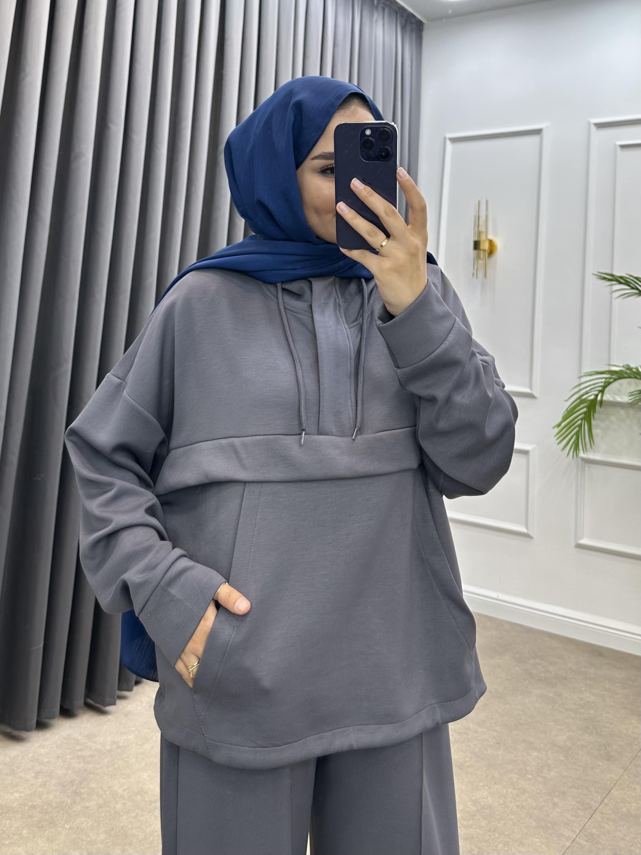 KAPÜŞONLU OYSHO PANTOLONLU TAKIM FÜME