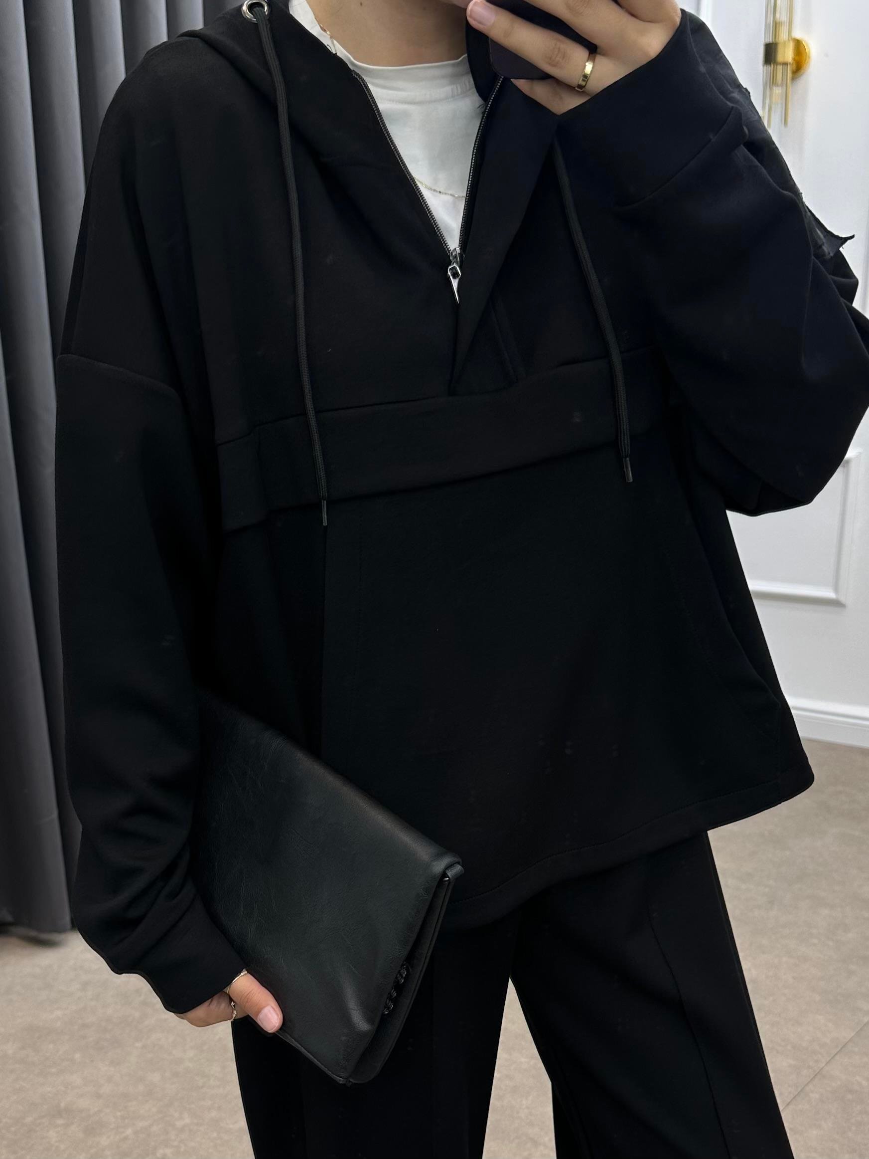 KAPÜŞONLU OYSHO PANTOLONLU TAKIM SİYAH