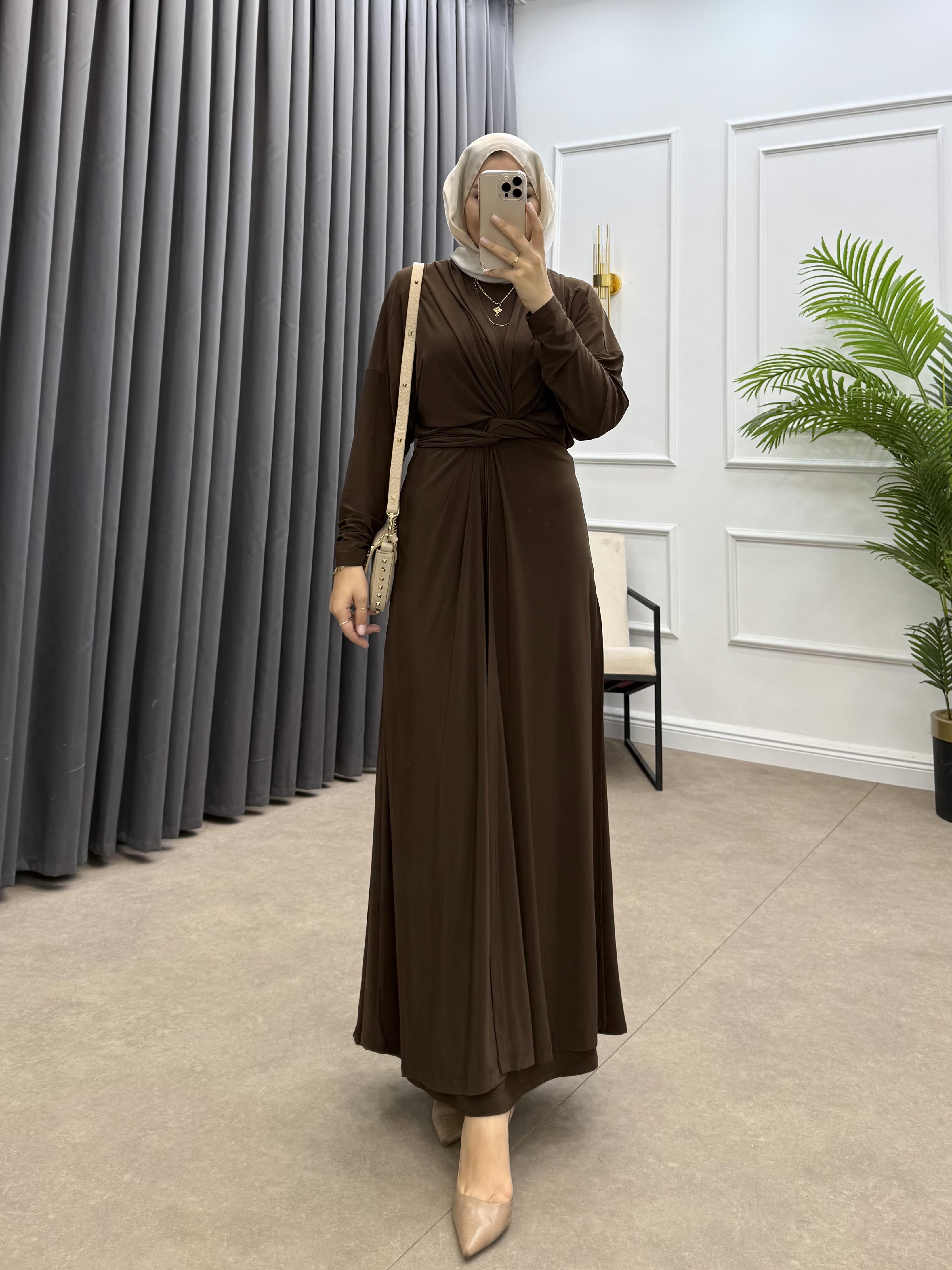 KAPÜŞONLU SANDY İKİLİ ELBİSE KAHVE
