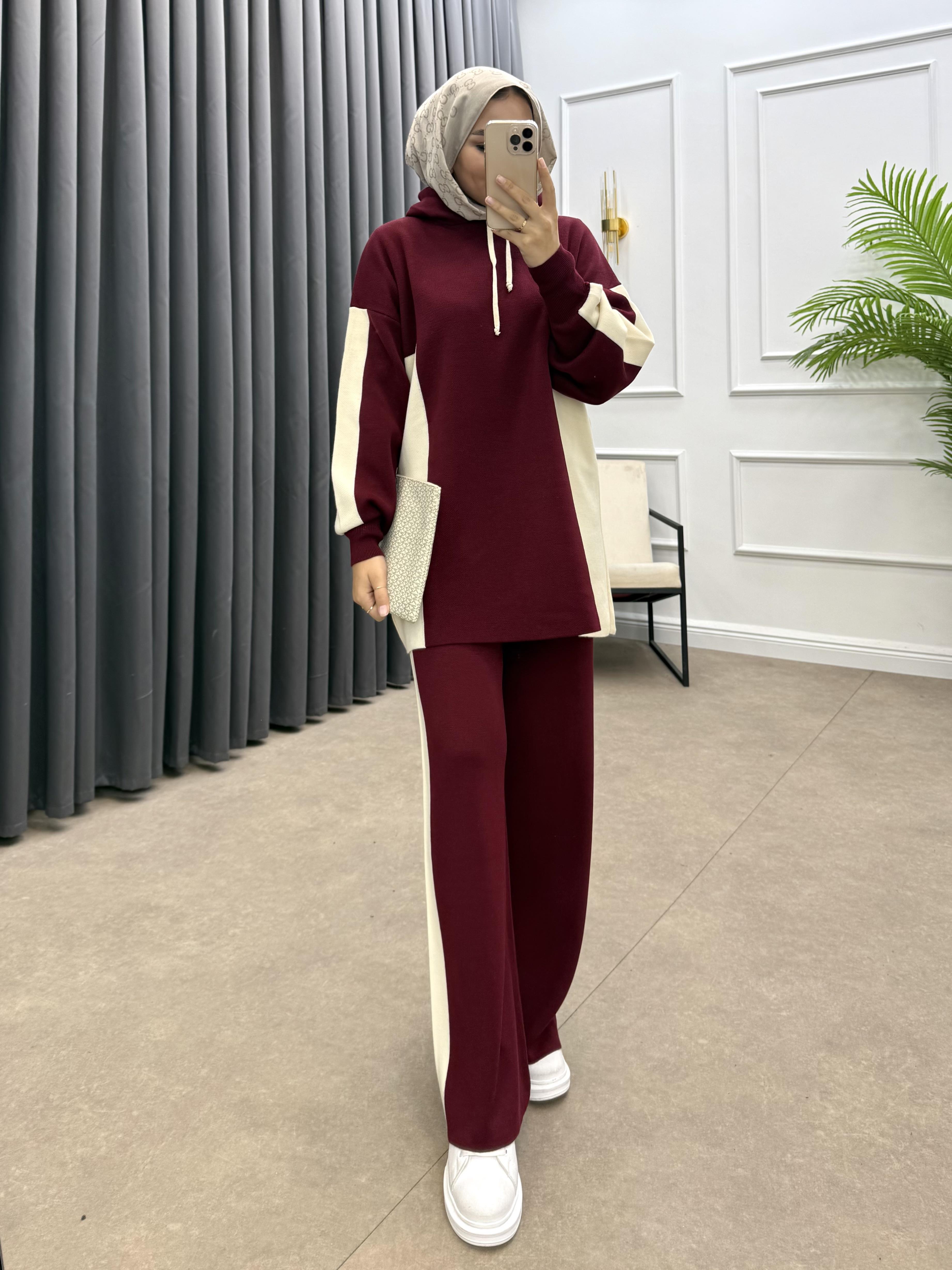 KAPÜŞONLU ŞERİTLİ TRİKO TAKIM BORDO