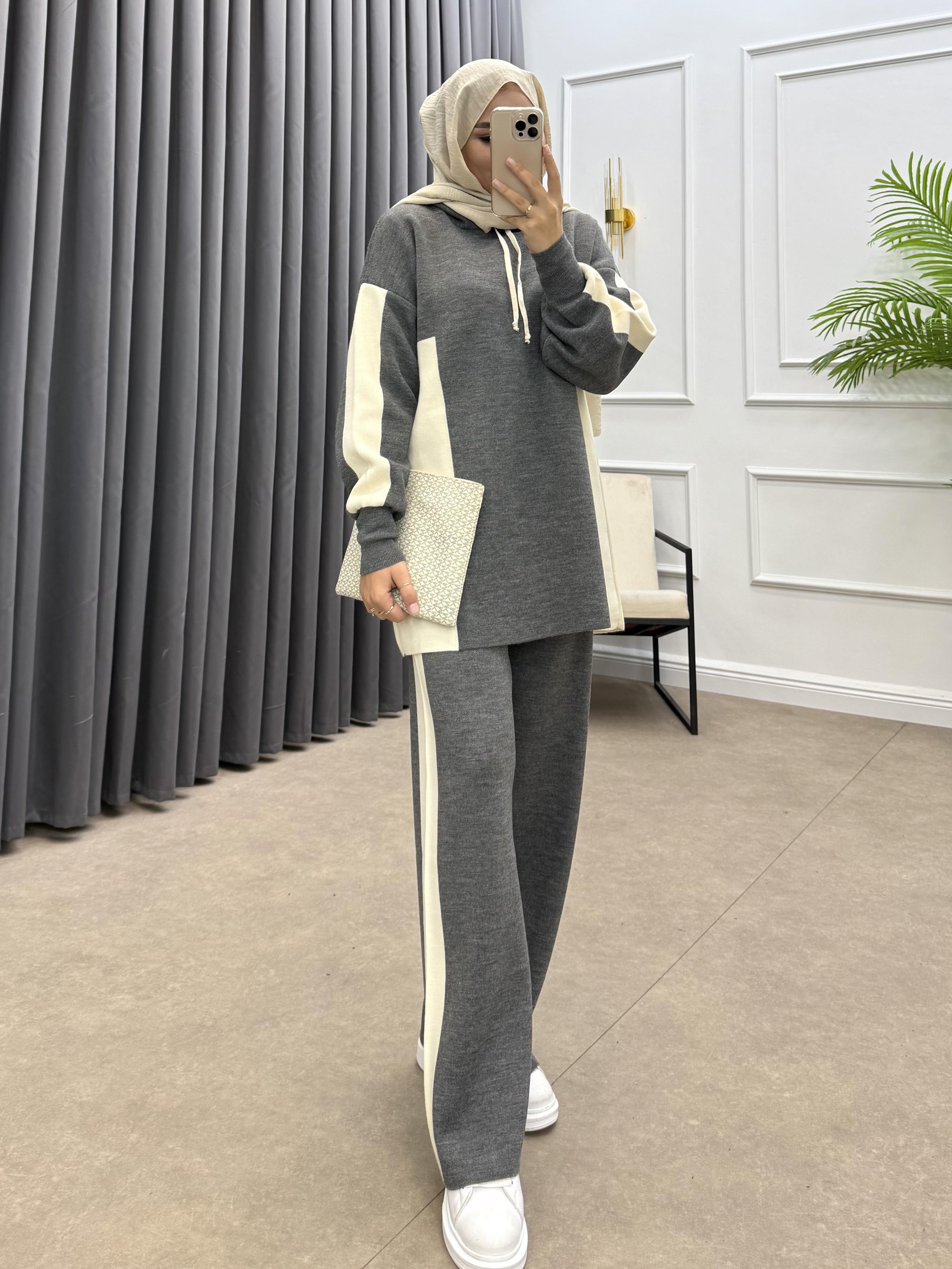 KAPÜŞONLU ŞERİTLİ TRİKO TAKIM GRİ