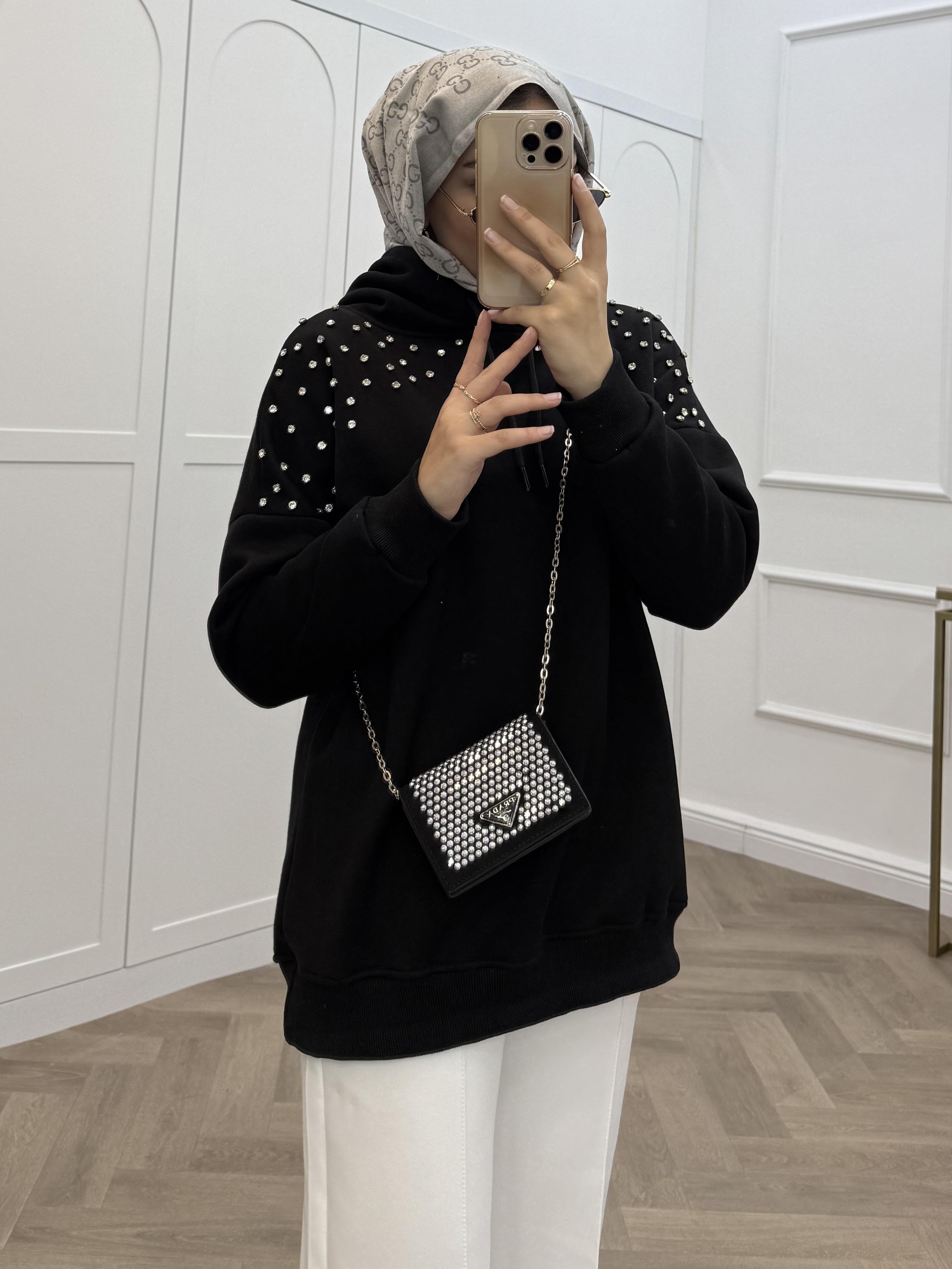 KAPÜŞONLU TAŞLI SWEAT SİYAH