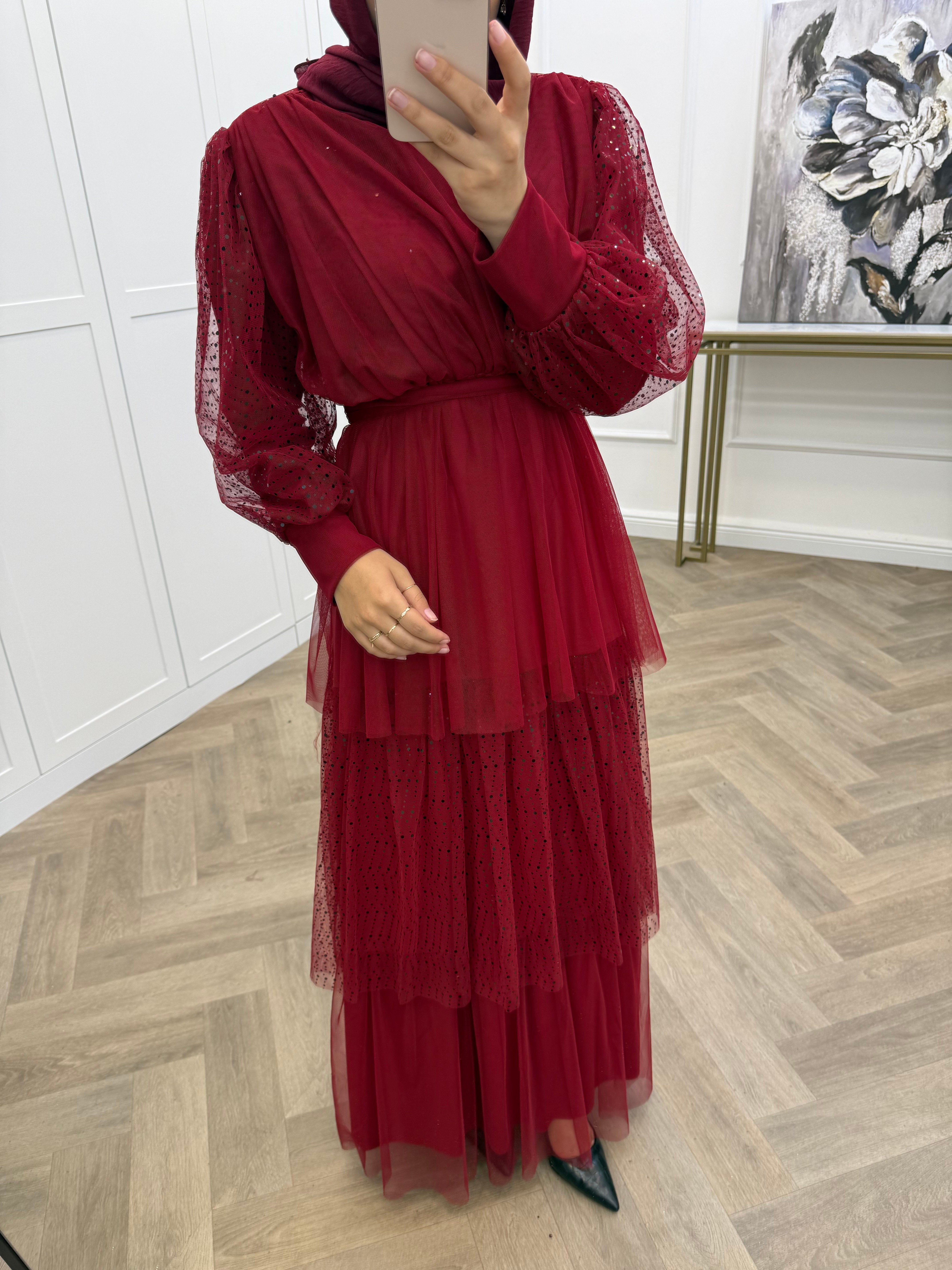 KATLI PAYETLİ TÜL ELBİSE BORDO