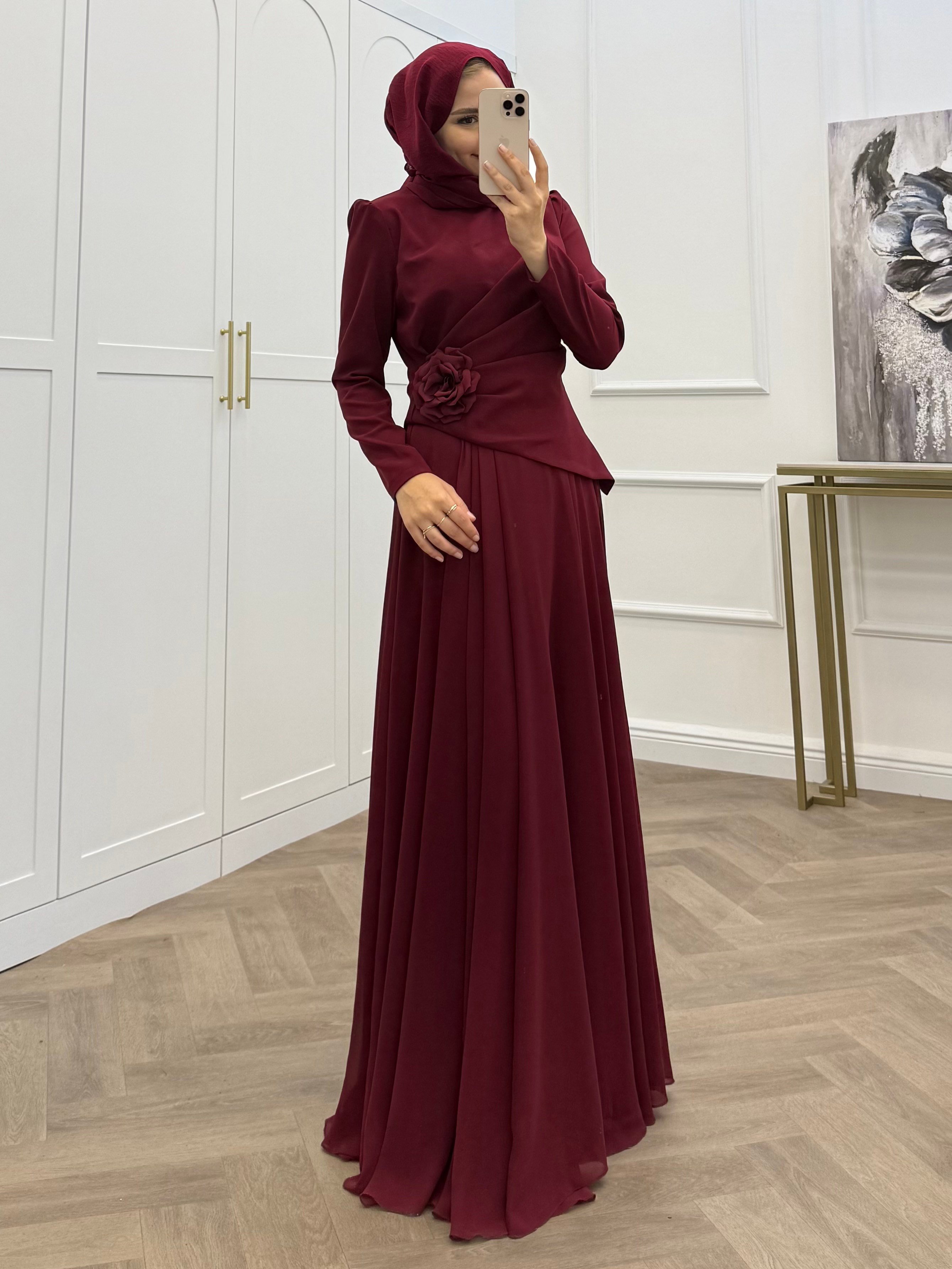KAYA GÜL DETAYLI ABİYE BORDO