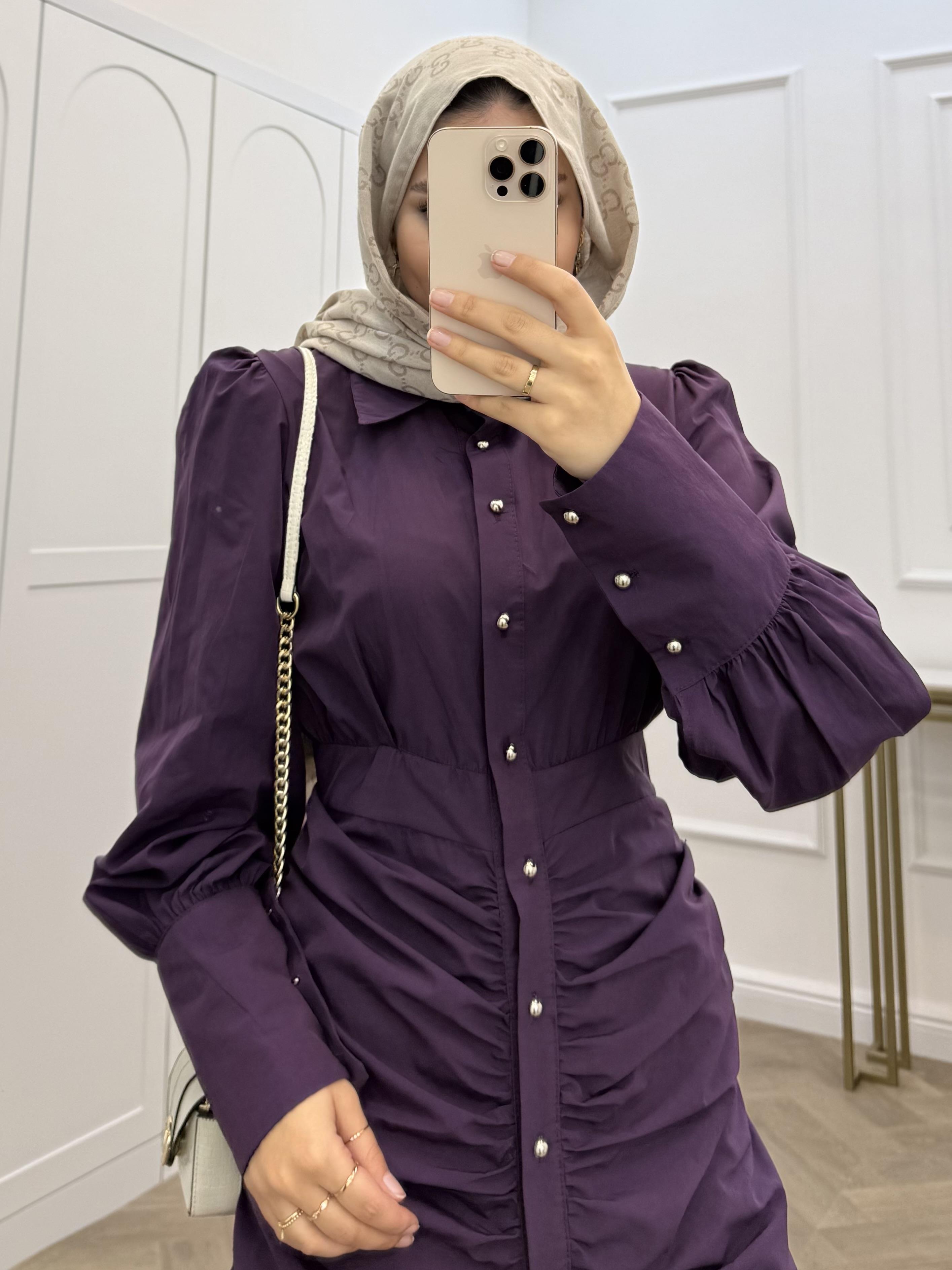 KELEBEK BÜZGÜLÜ POPLİN ELBİSE MOR 