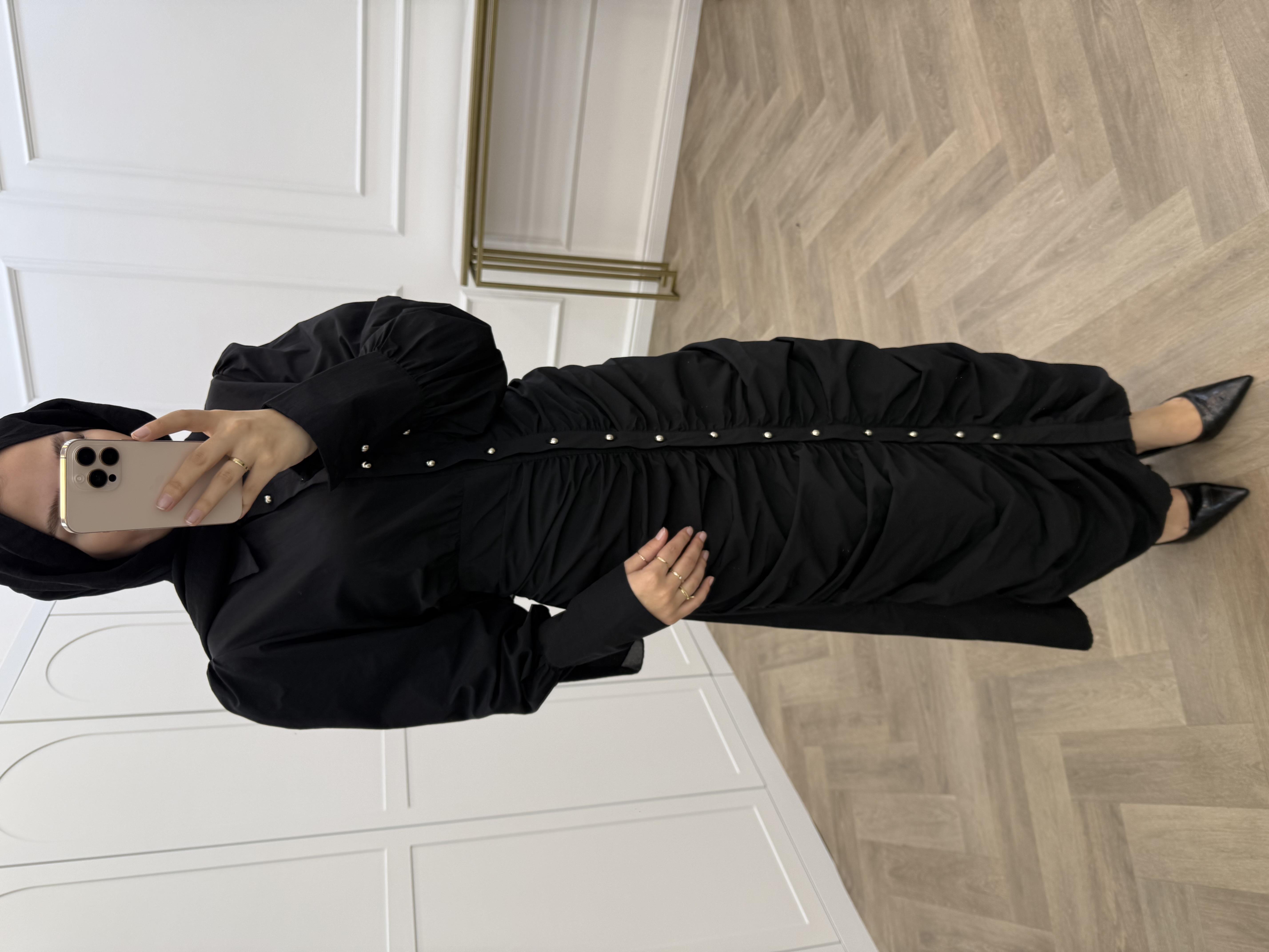 KELEBEK BÜZGÜLÜ POPLİN ELBİSE SİYAH