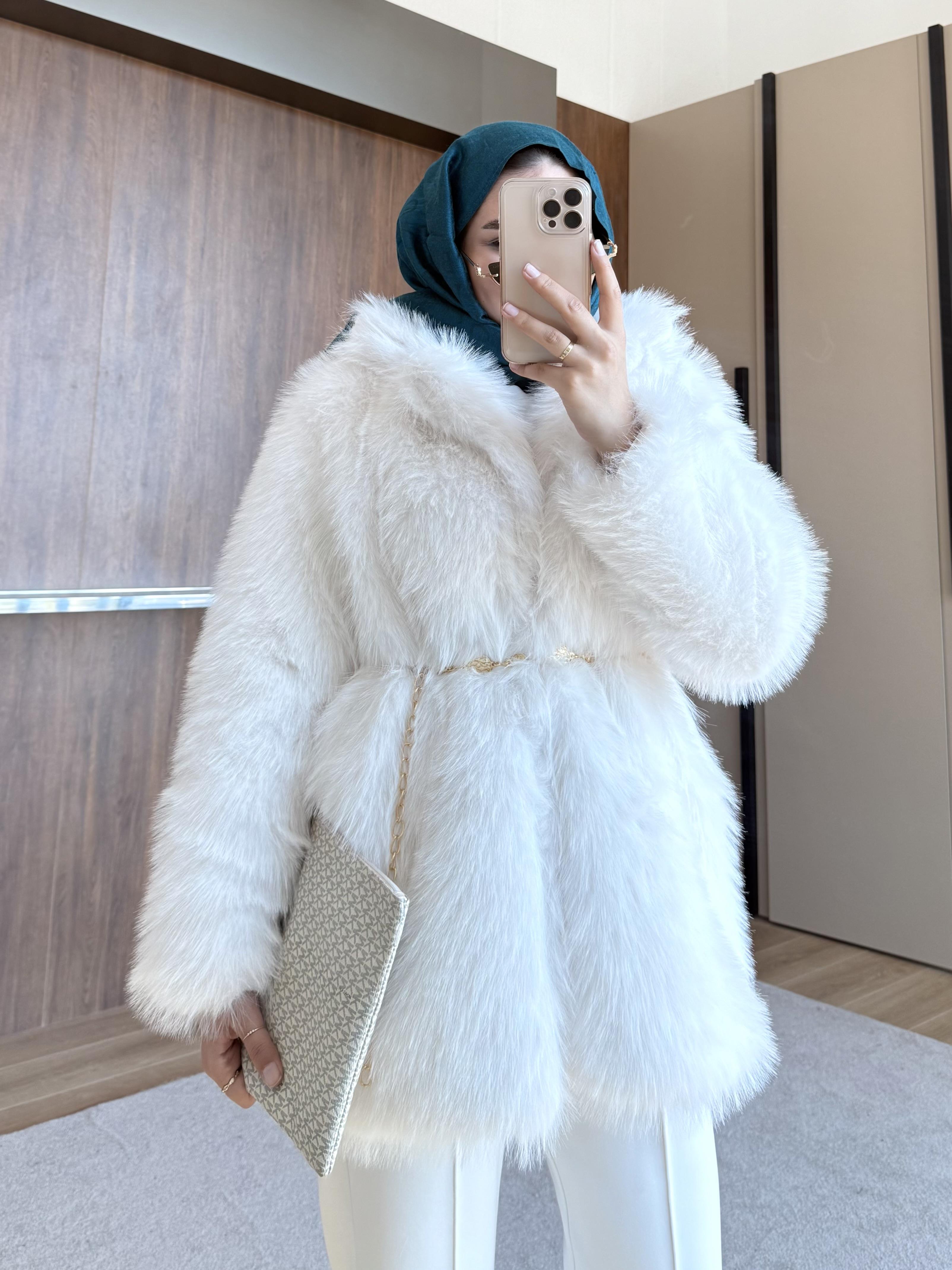 KEMER BEL DETAYLI ŞAL YAKA KÜRK BEYAZ