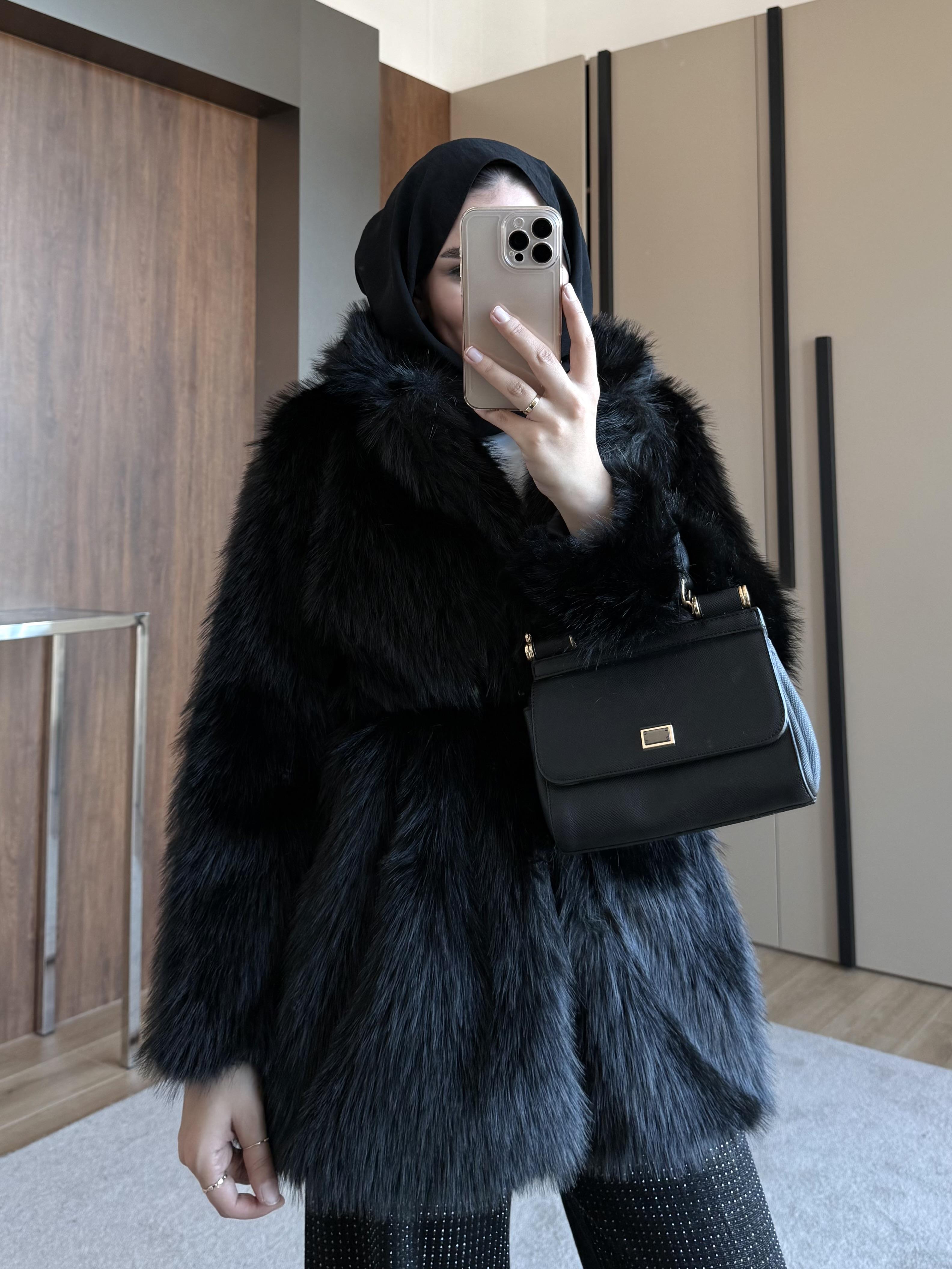 KEMER BEL DETAYLI ŞAL YAKA KÜRK SİYAH