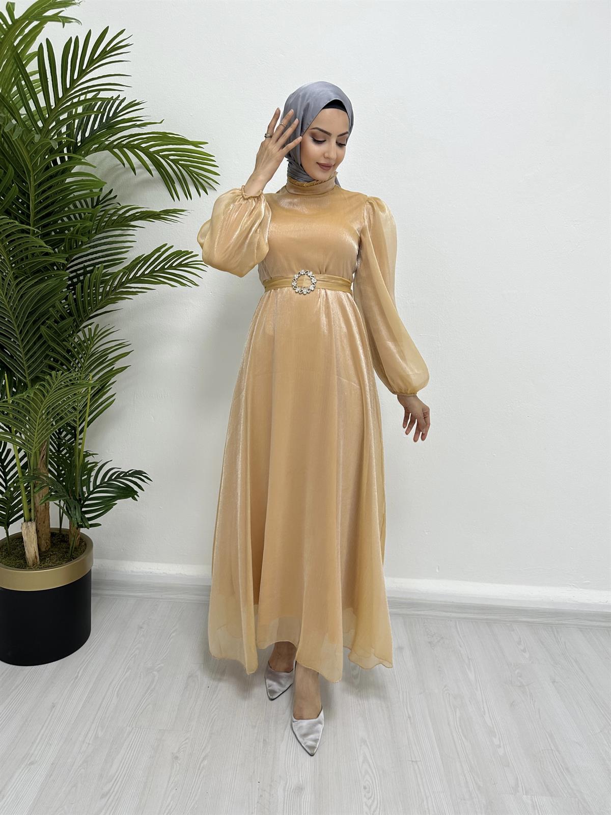 Kemer Detaylı Janjan Şifon Elbise GOLD