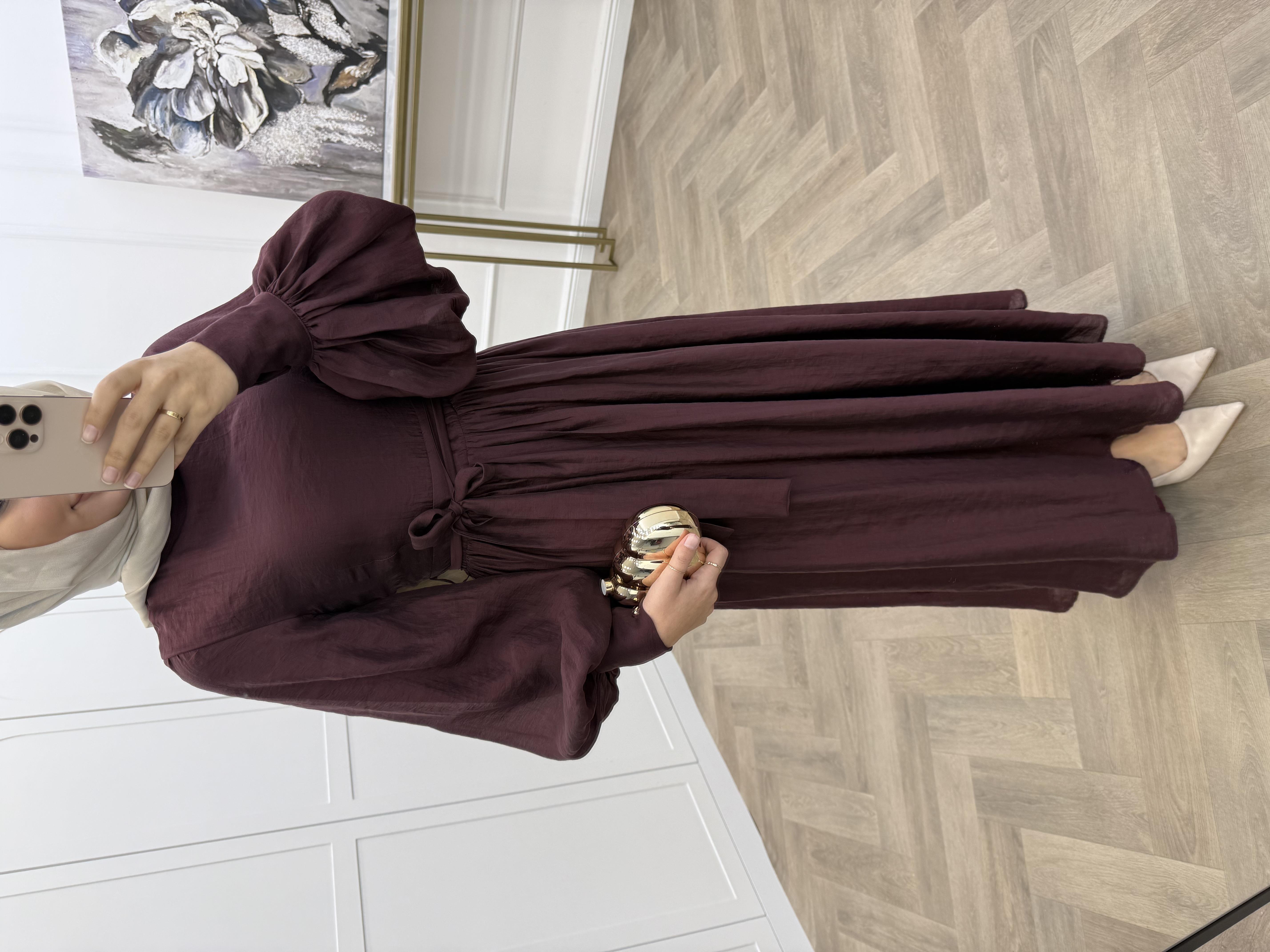 KEMERLİ BALON KOL ELBİSE BORDO