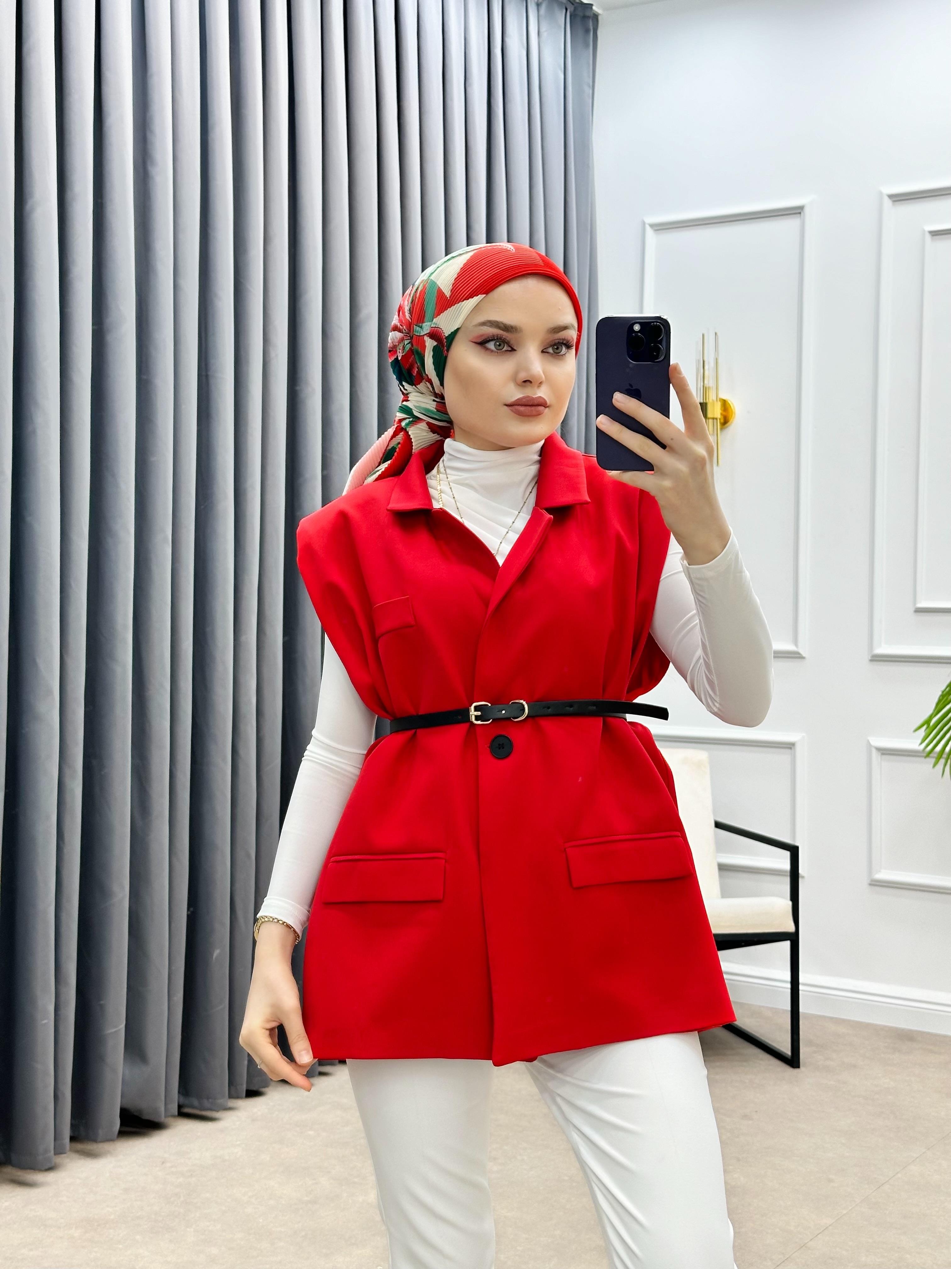 KEMERLİ BLAZER YELEK KIRMIZI