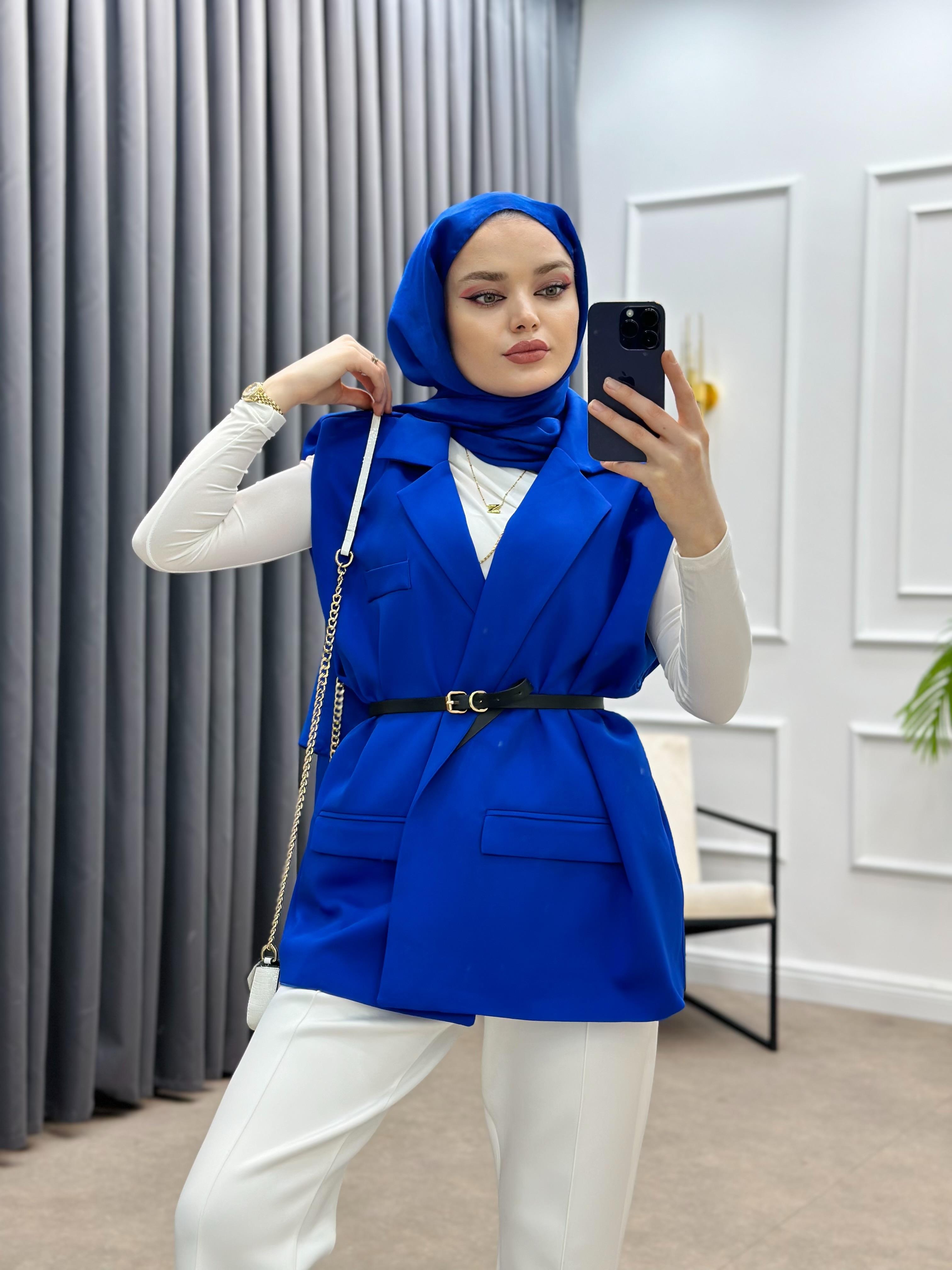 KEMERLİ BLAZER YELEK SAKS