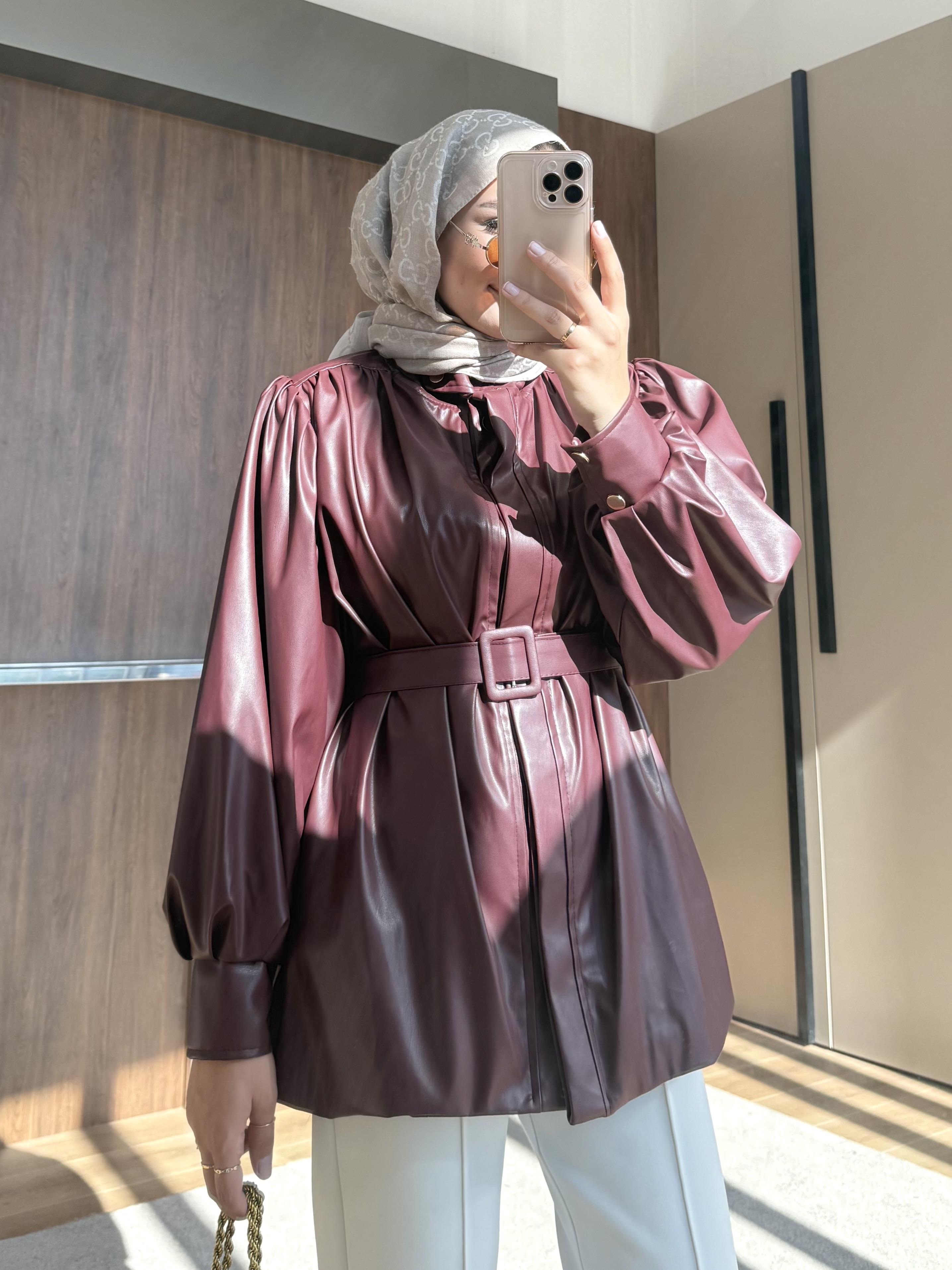 KEMERLİ DERİ CEKET BORDO