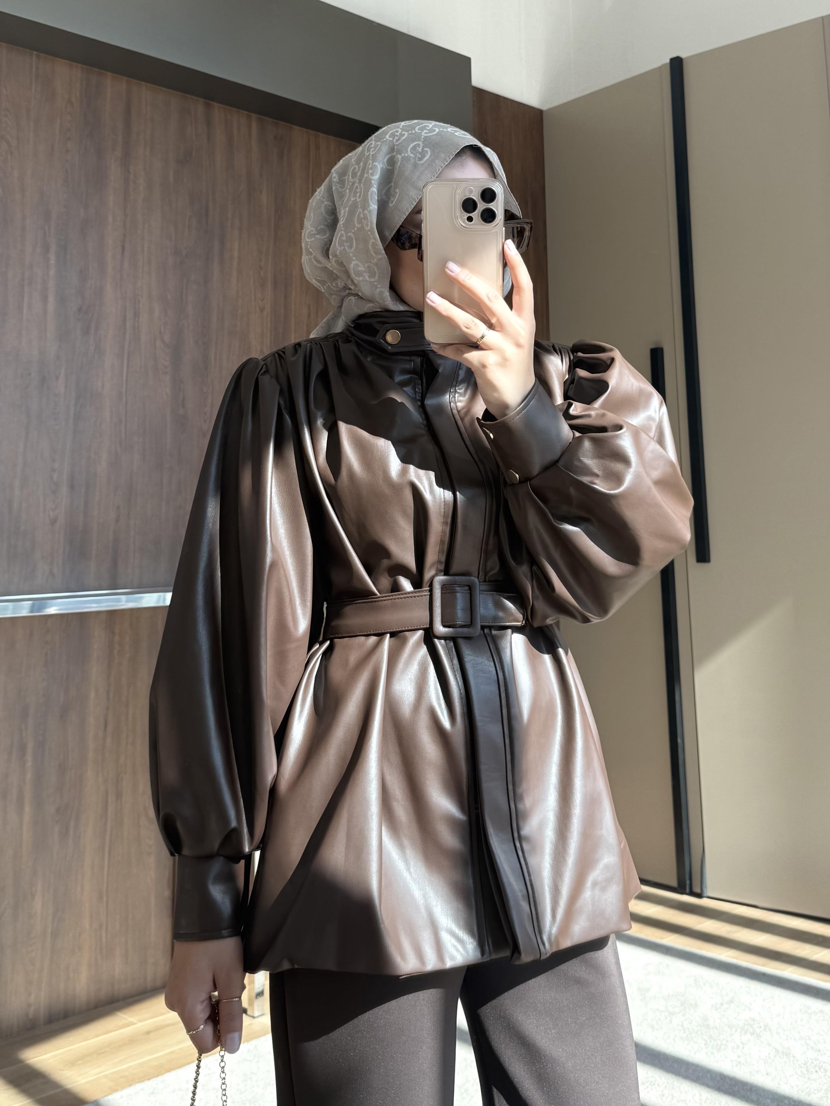 KEMERLİ DERİ CEKET KAHVE