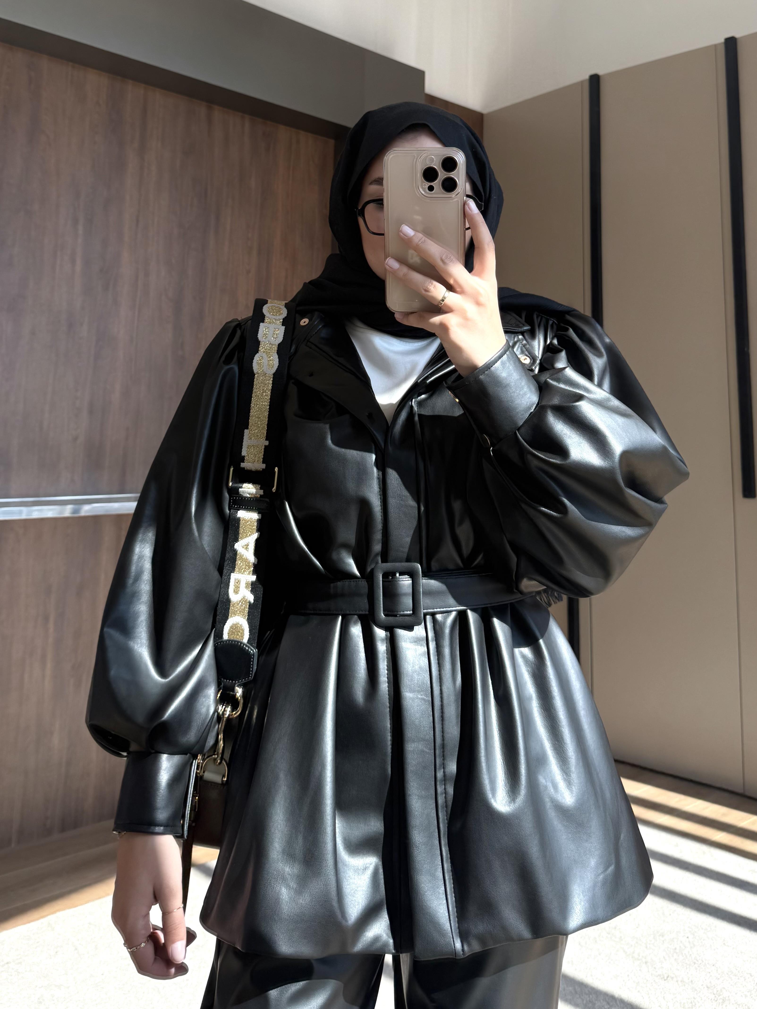 KEMERLİ DERİ CEKET SİYAH