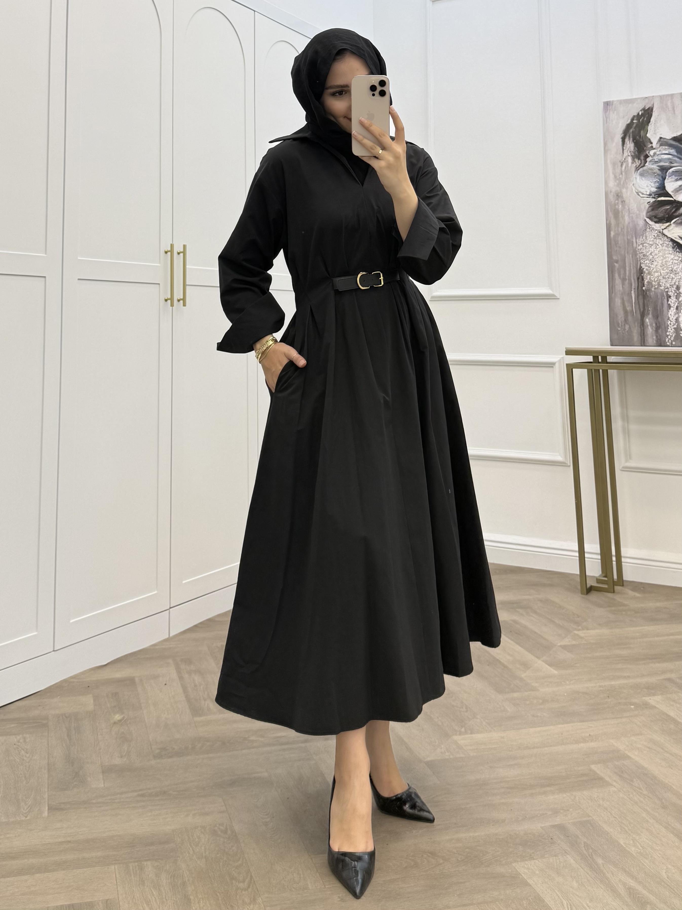 KEMERLİ POPLİN ELBİSE SİYAH