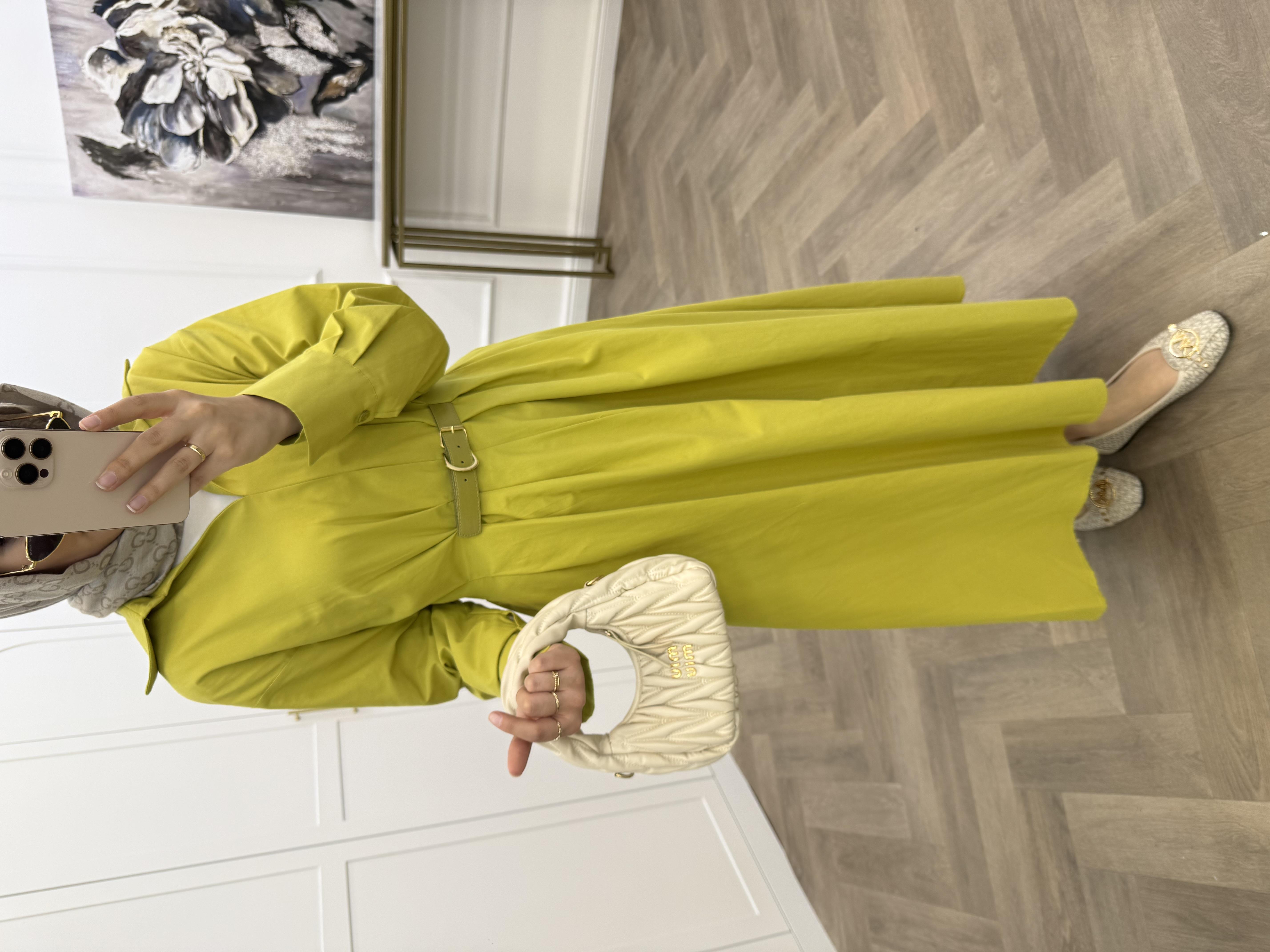 KEMERLİ POPLİN ELBİSE  YAĞ YEŞİLİ