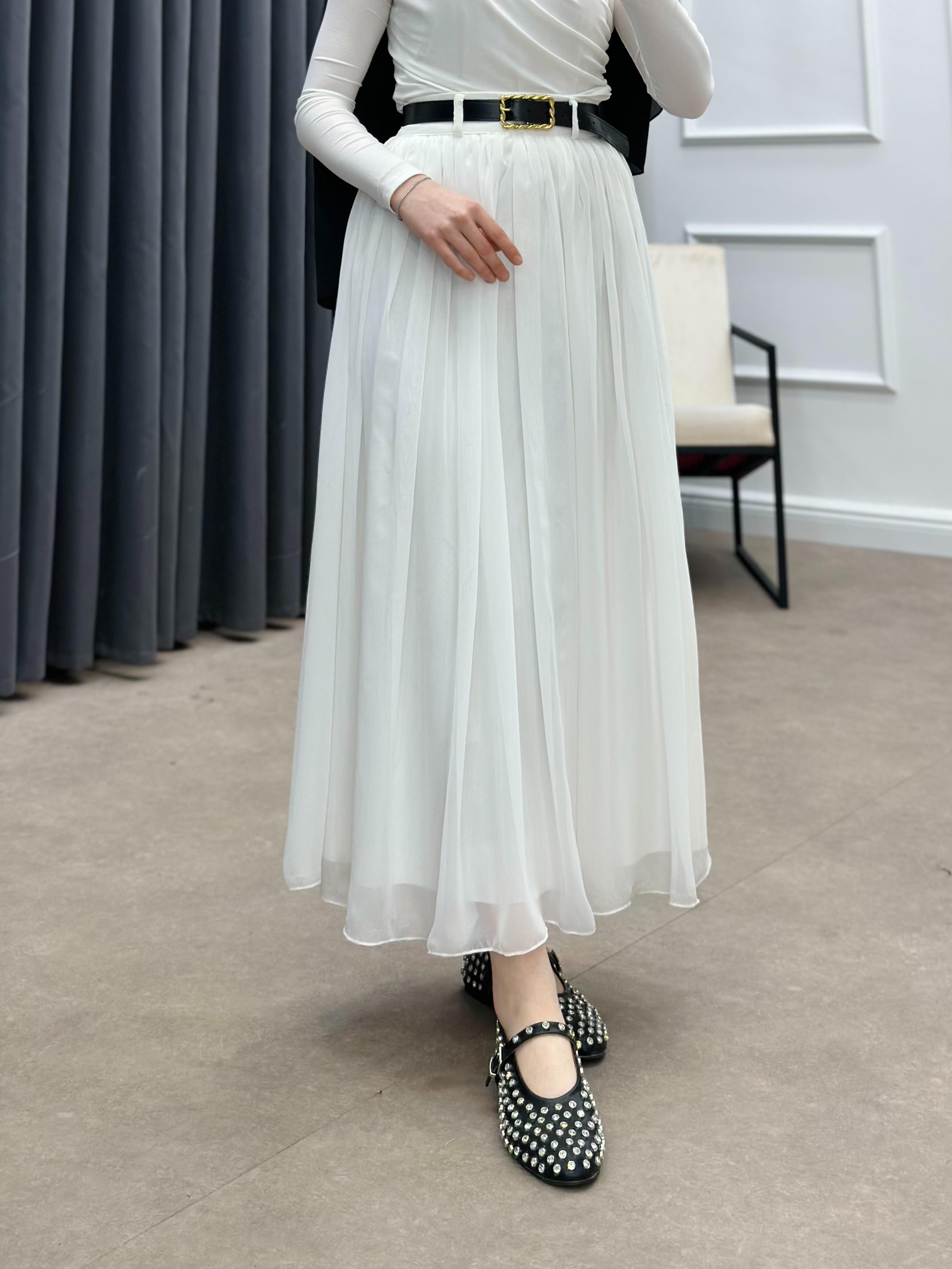 KEMERLİ ŞİFON ETEK BEYAZ