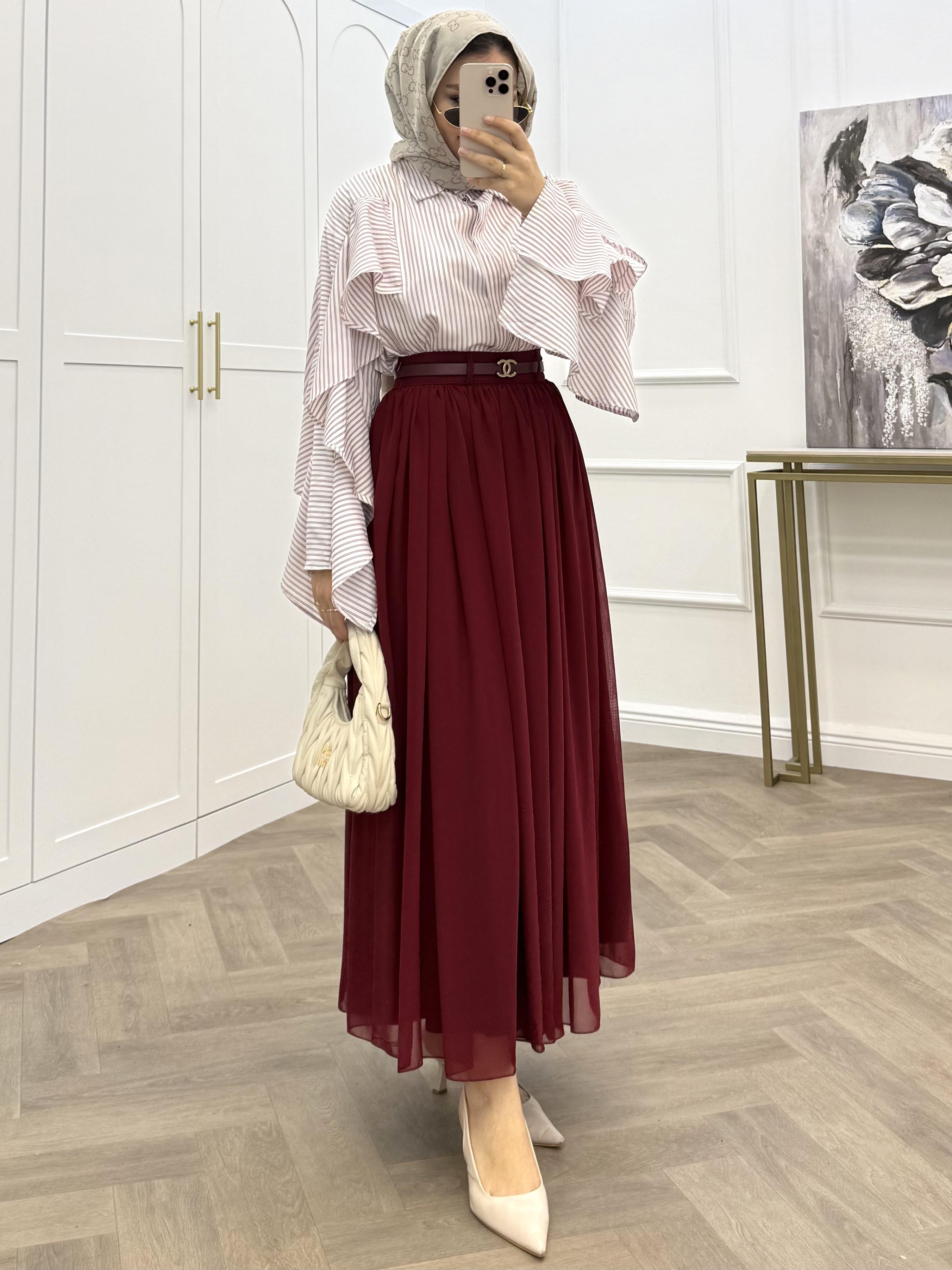 KEMERLİ ŞİFON ETEK BORDO