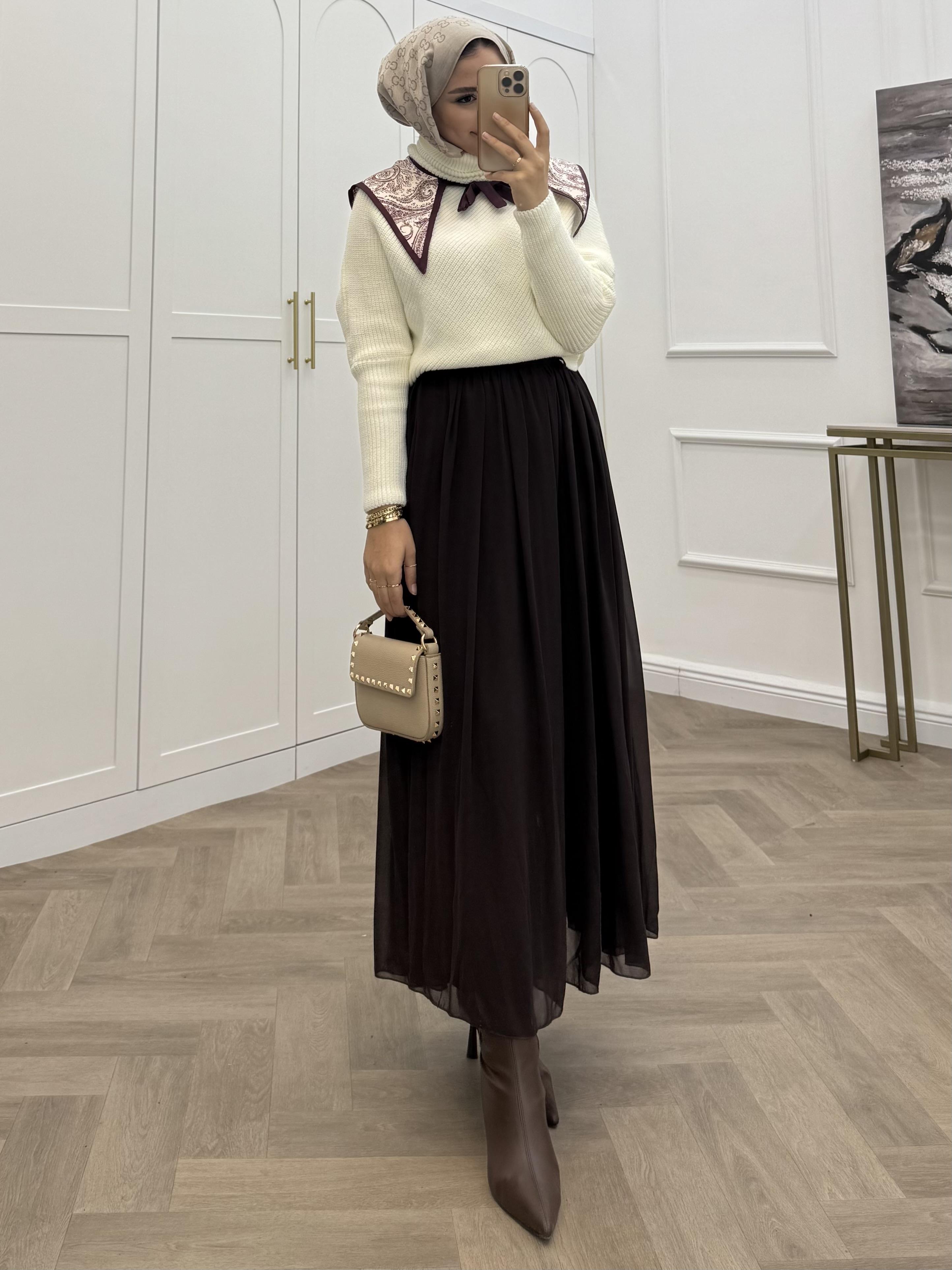 KEMERLİ ŞİFON ETEK KAHVE