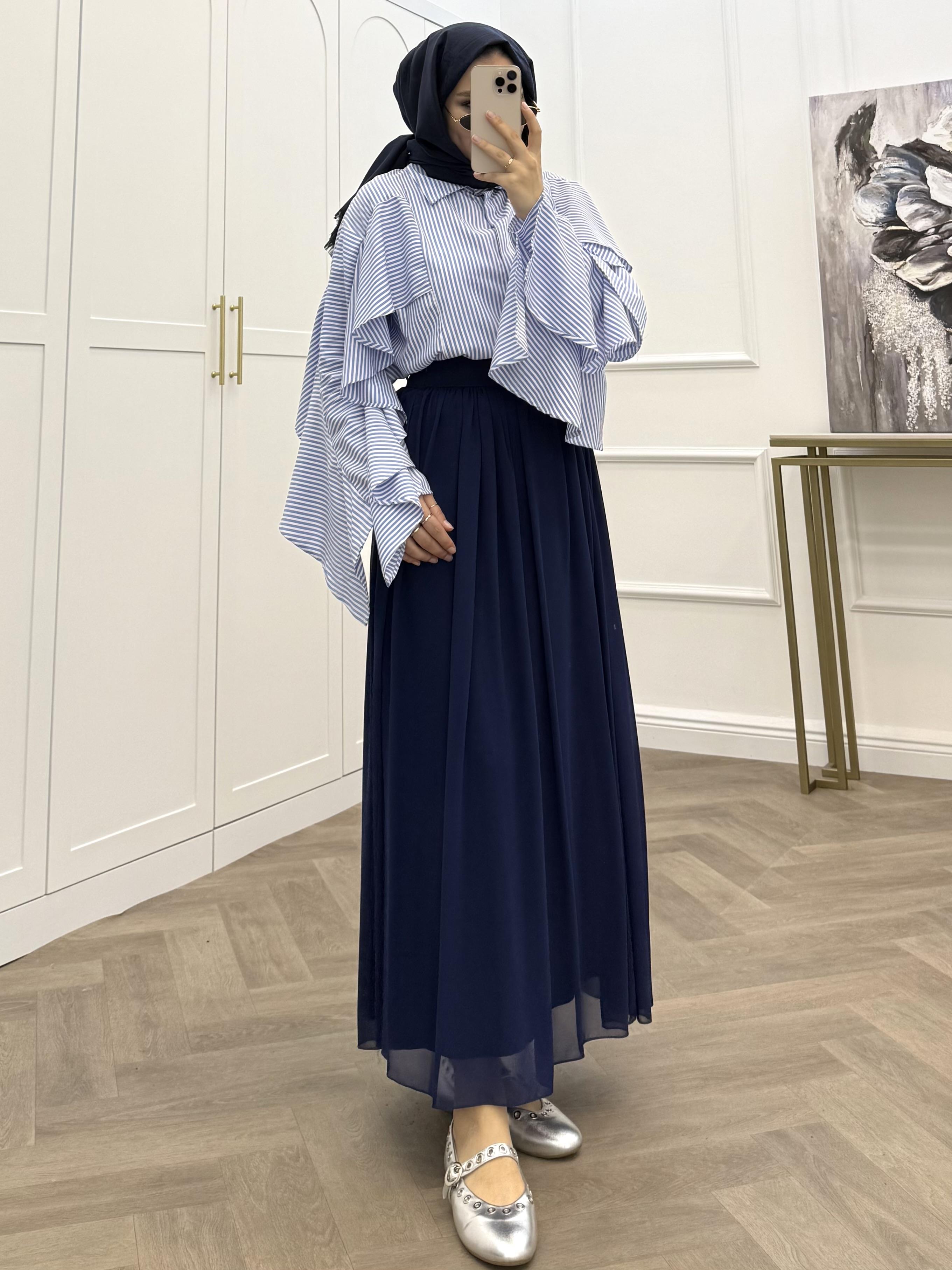 KEMERLİ ŞİFON ETEK LACİVERT