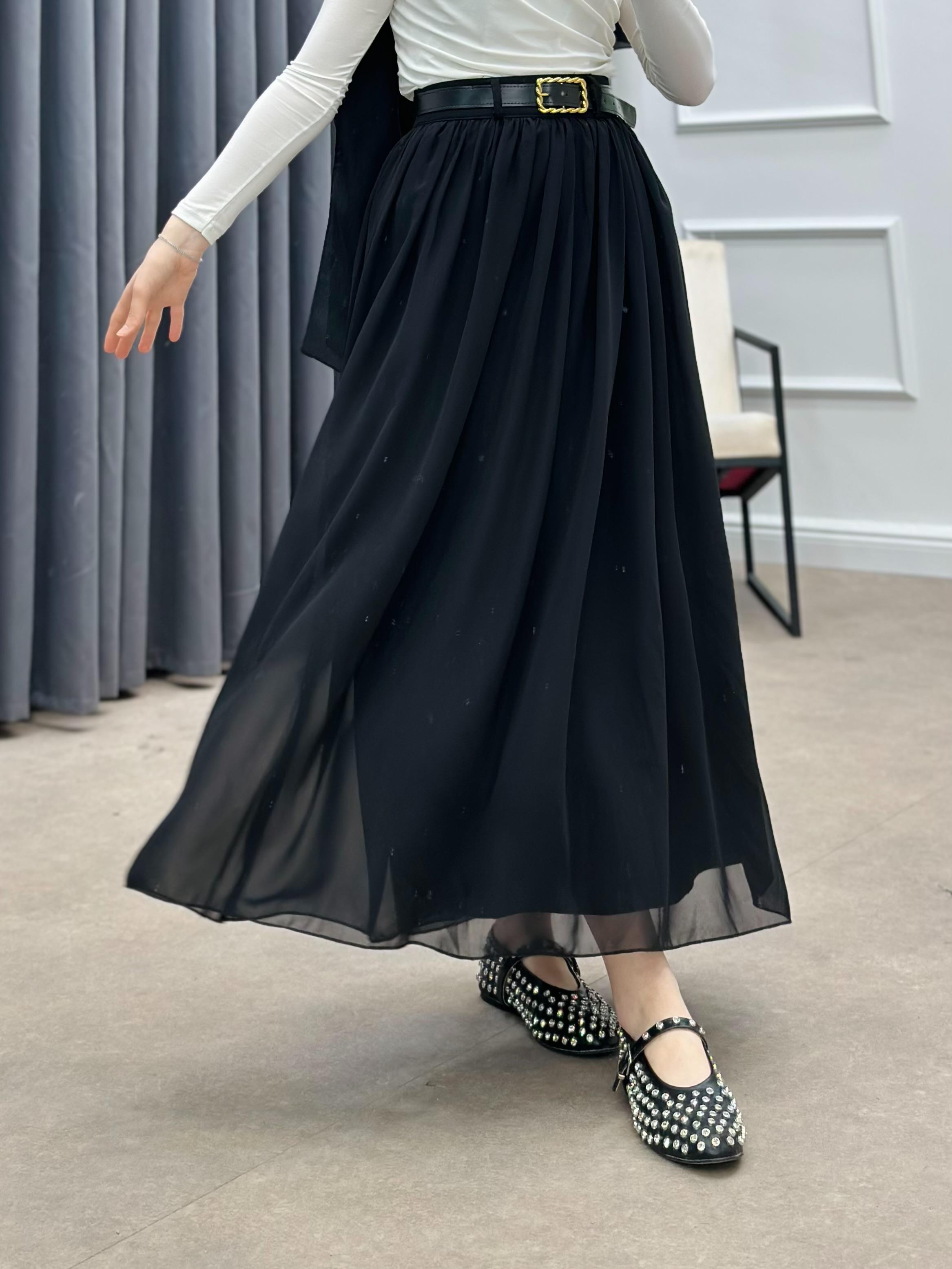 KEMERLİ ŞİFON ETEK SİYAH