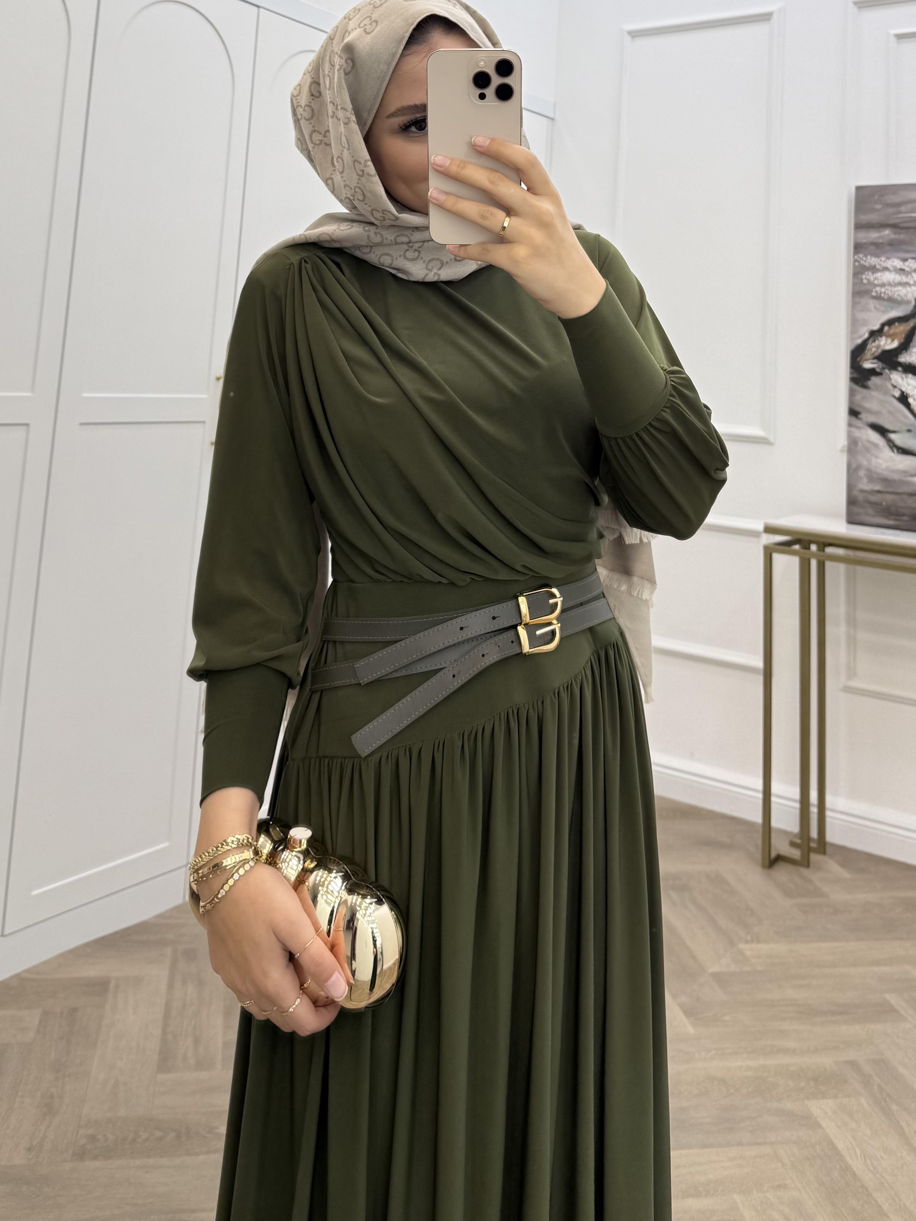 KENDİNDEN KEMERLİ SANDY ELBİSE HAKİ