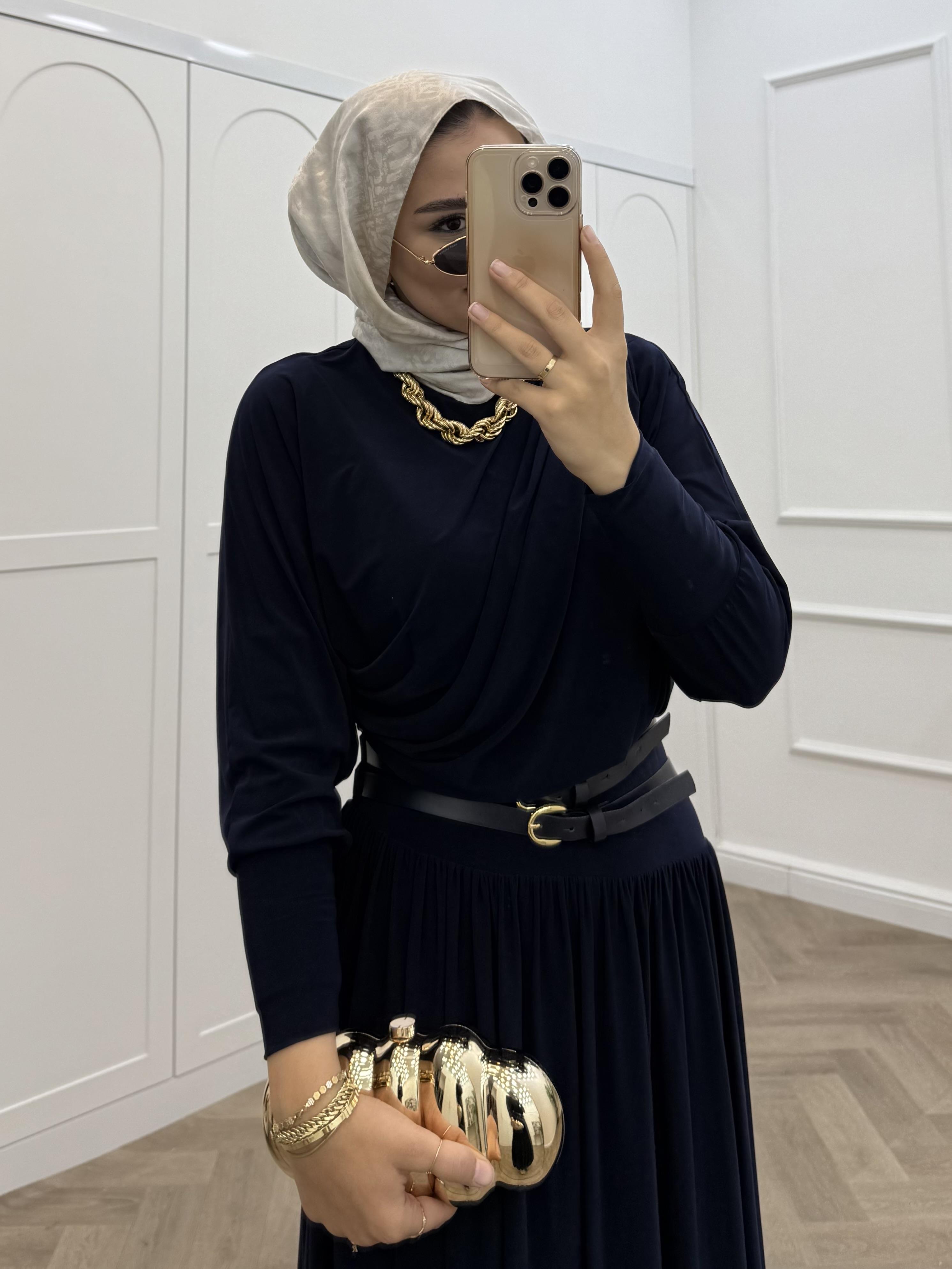 KENDİNDEN KEMERLİ SANDY ELBİSE LACİVERT