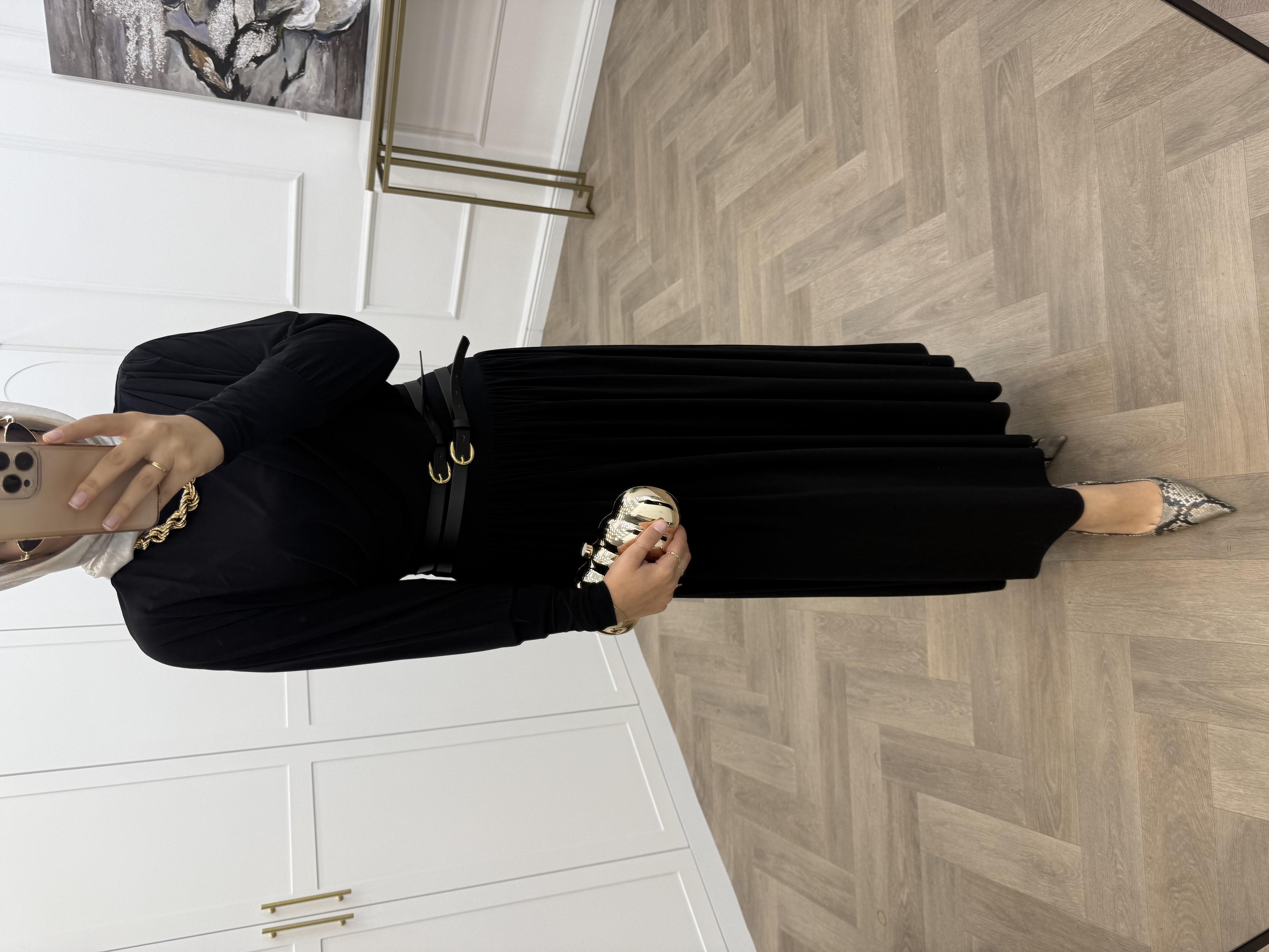 KENDİNDEN KEMERLİ SANDY ELBİSE SİYAH