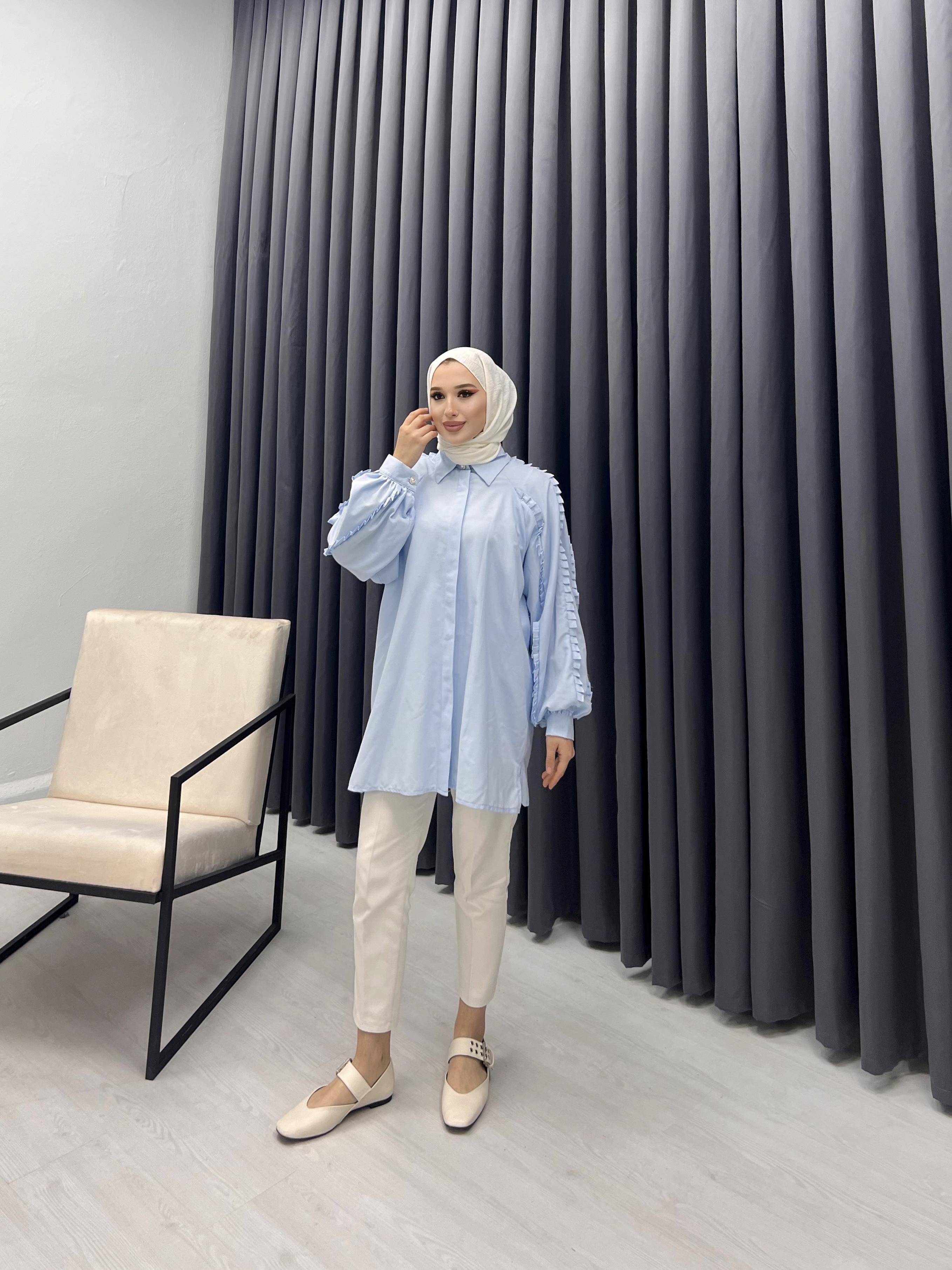 KESME ŞERİT DETAYLI GÖMLEK BEBE MAVİSİ