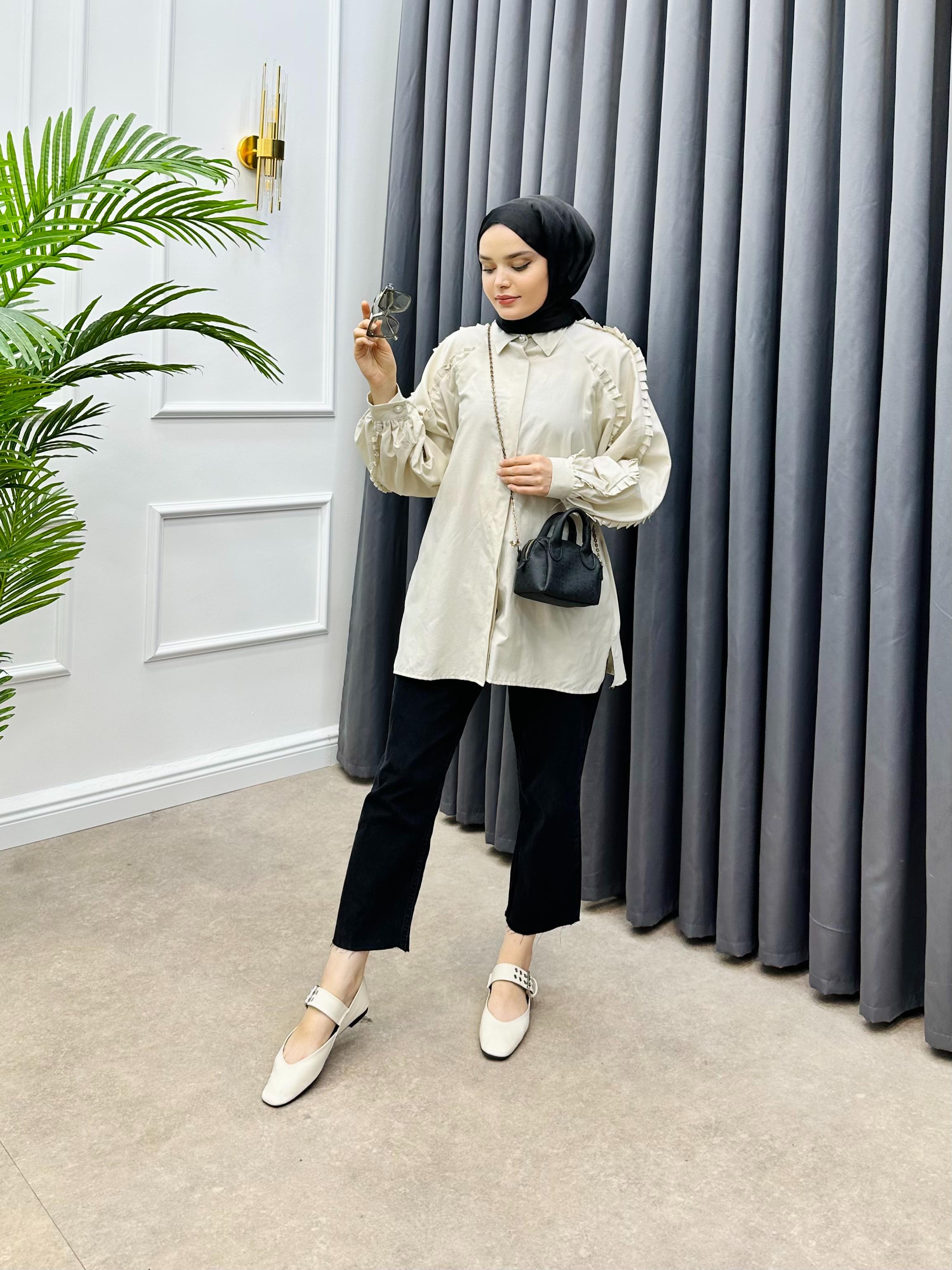 KESME ŞERİT DETAYLI GÖMLEK BEJ