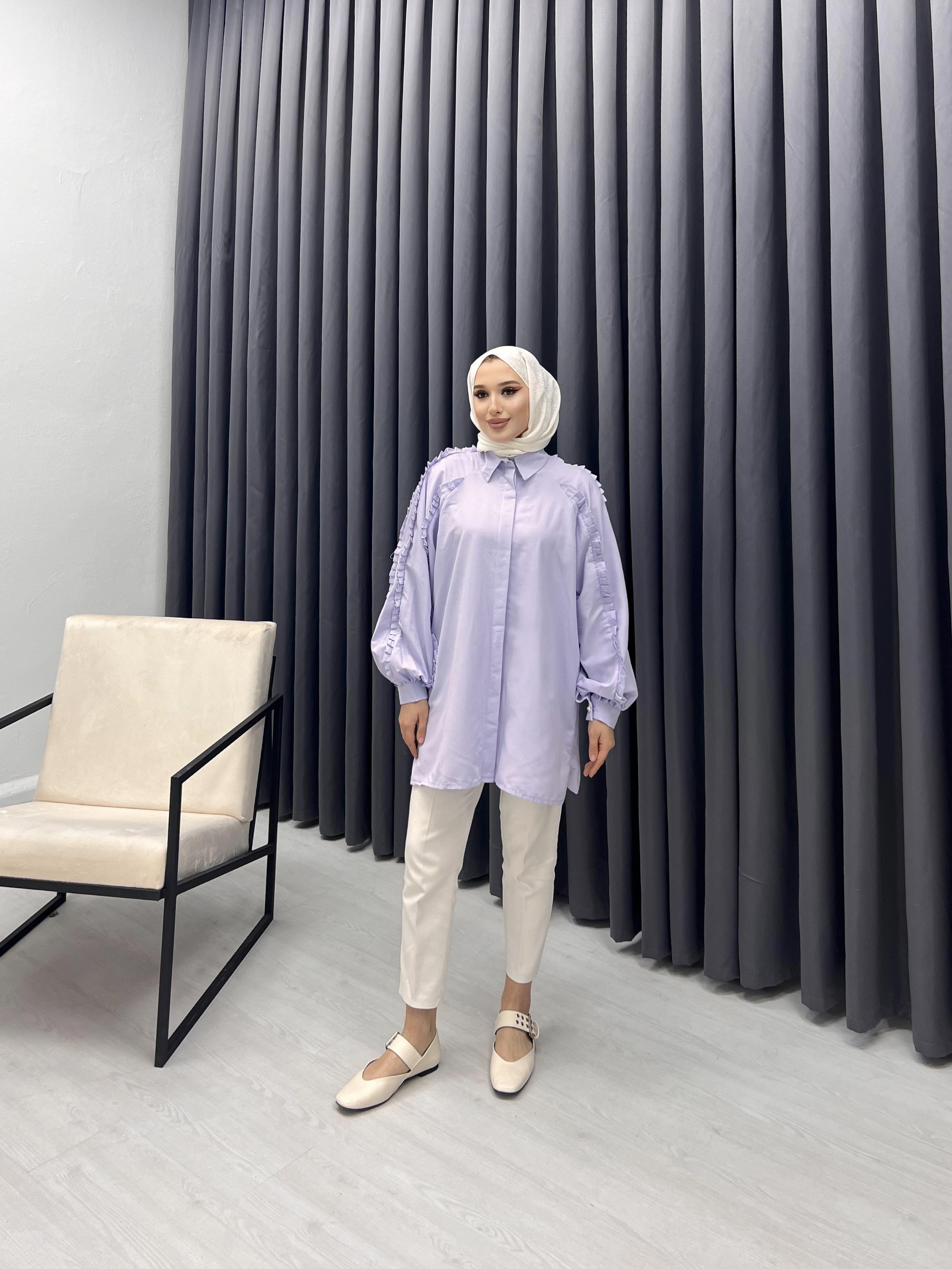 KESME ŞERİT DETAYLI GÖMLEK LİLA