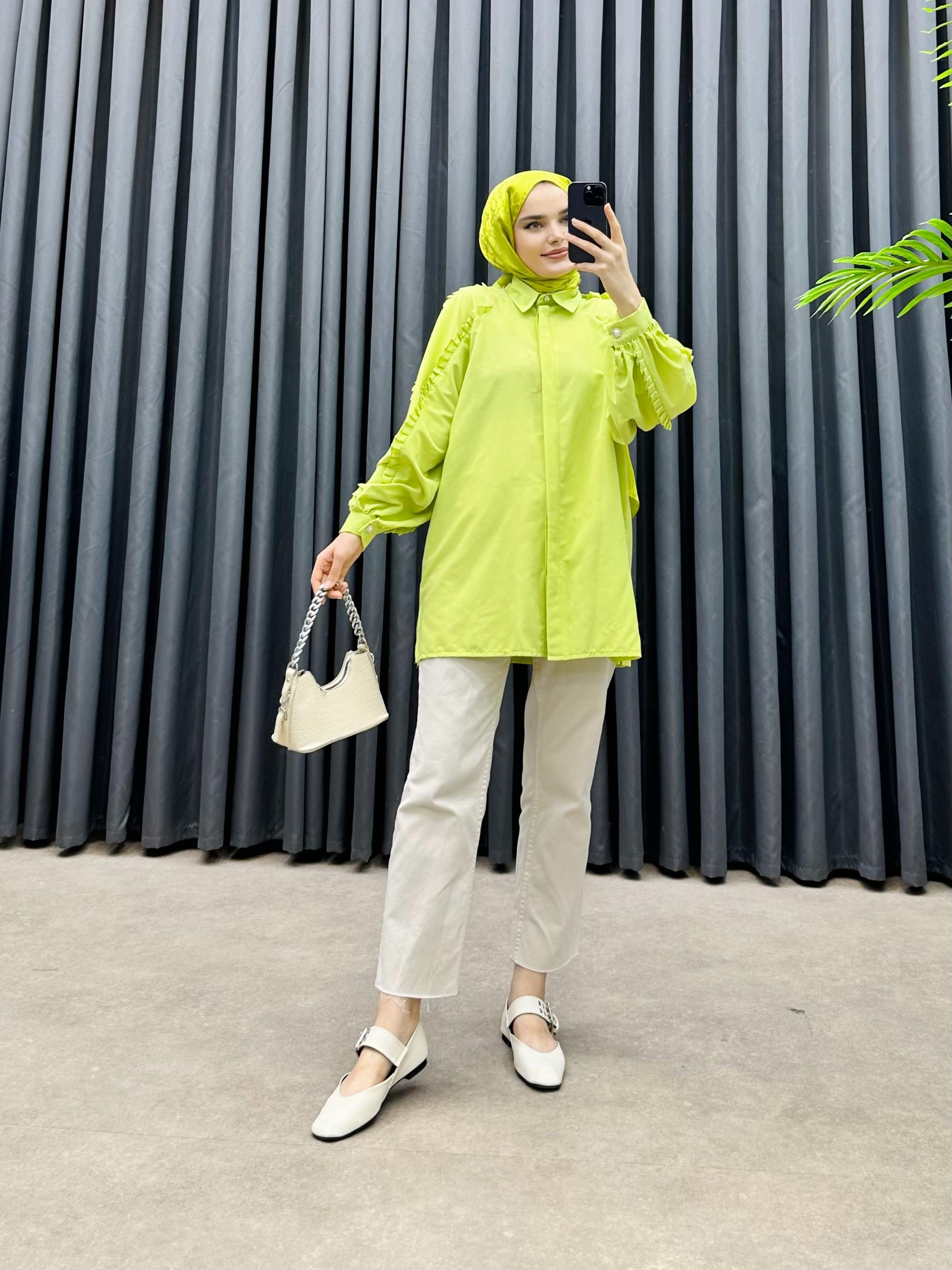 KESME ŞERİT DETAYLI GÖMLEK NEON YEŞİL