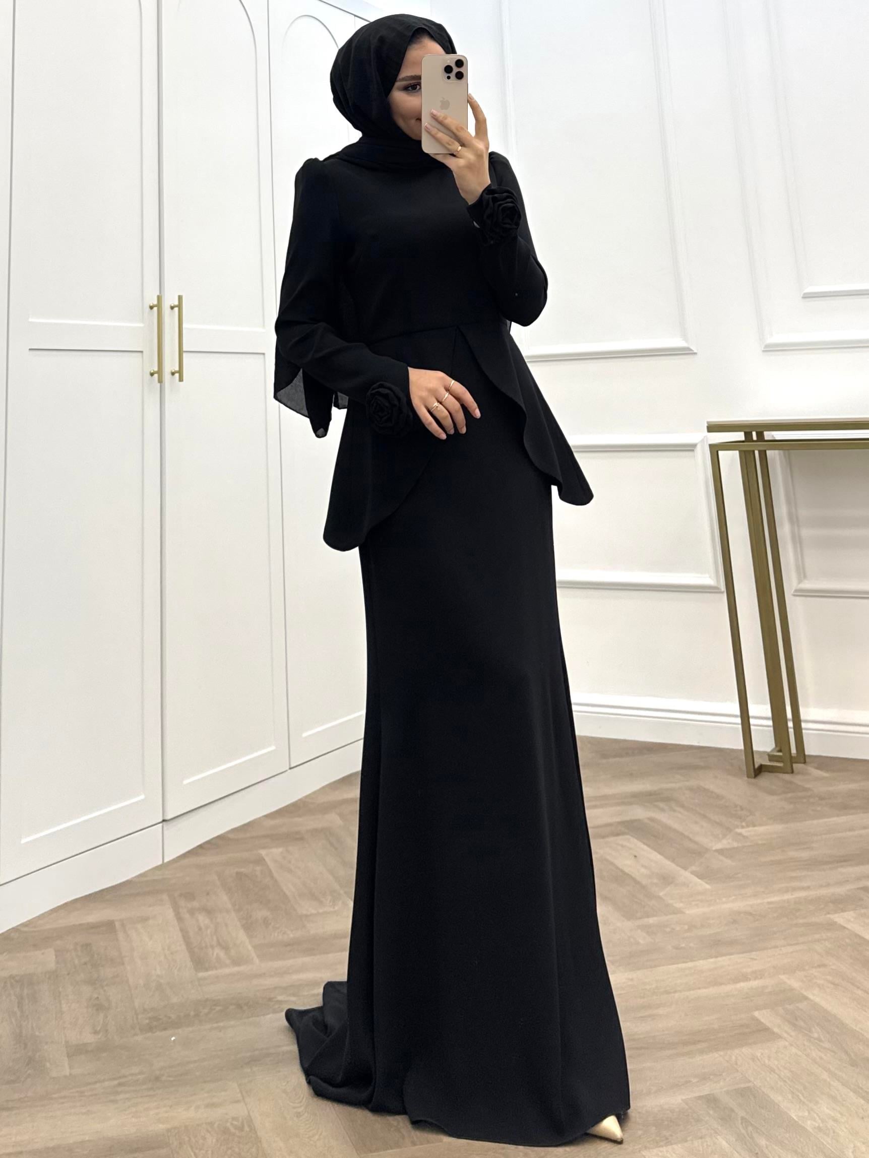 KOL UCU ÇİÇEKLİ ABİYE ELBİSE SİYAH