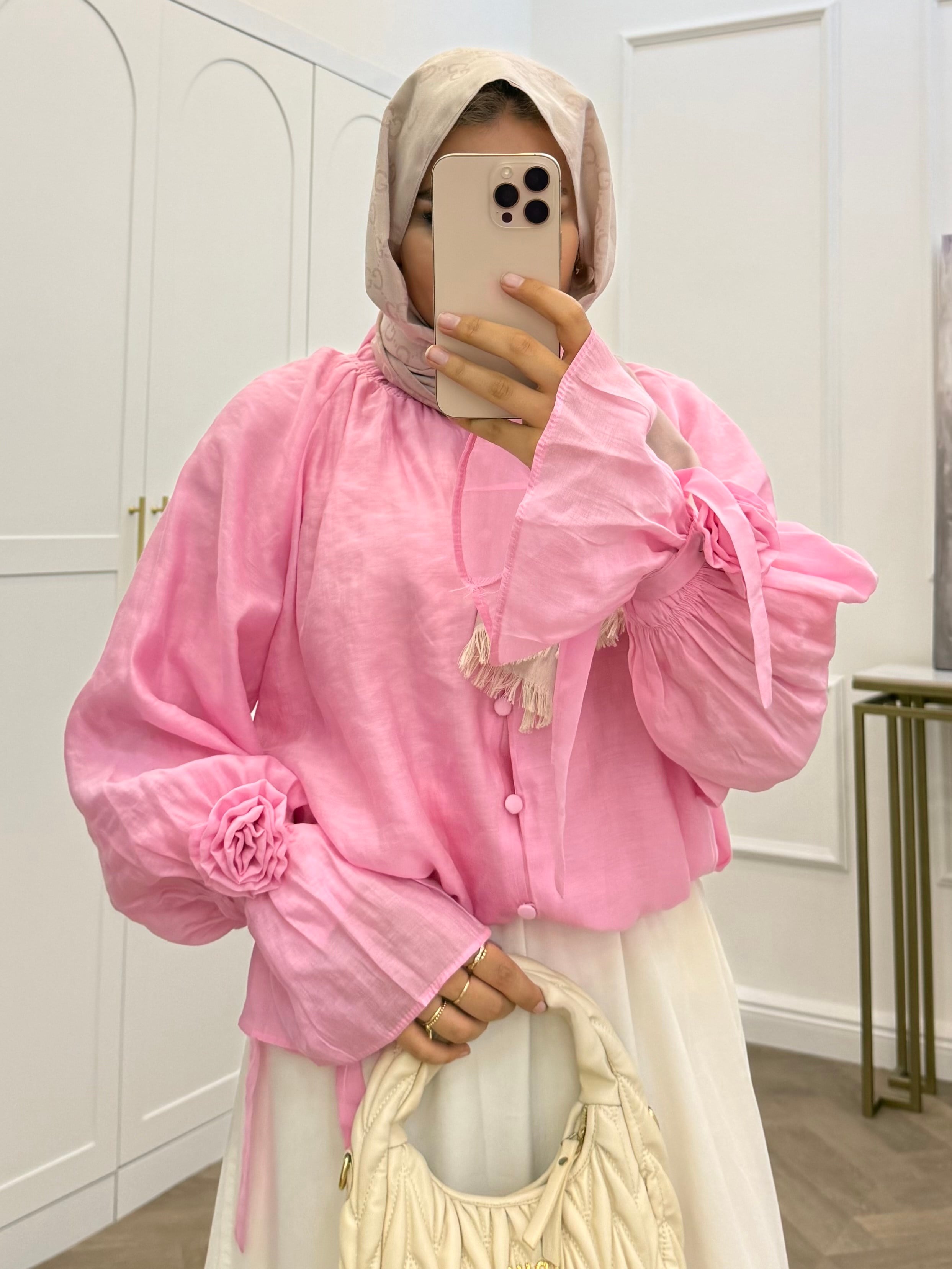 KOL UCU ÇİÇEKLİ OVERSİZE BLUZ PEMBE