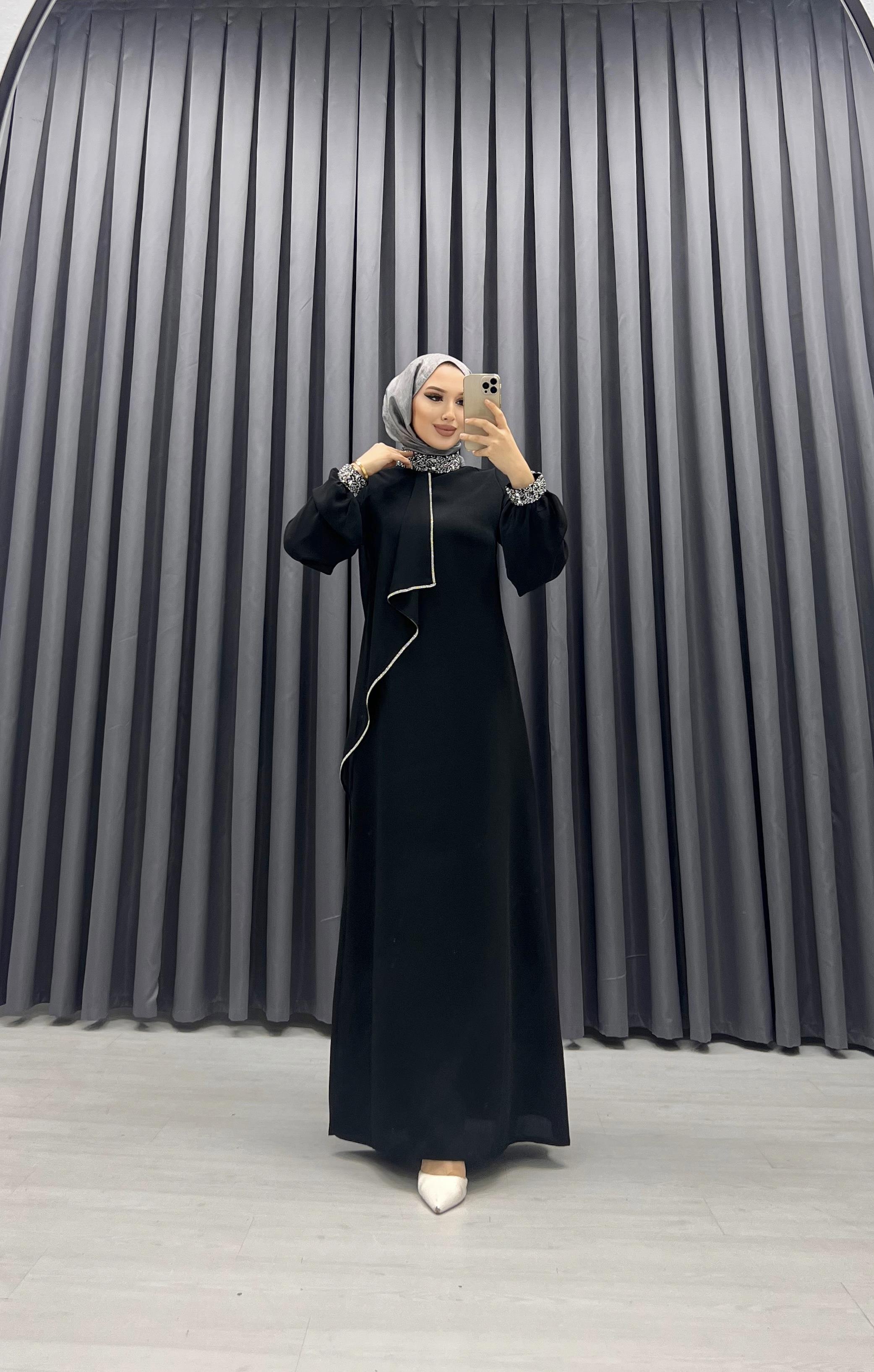 KOL UCU TAŞLI ŞİFON ABİYE SİYAH