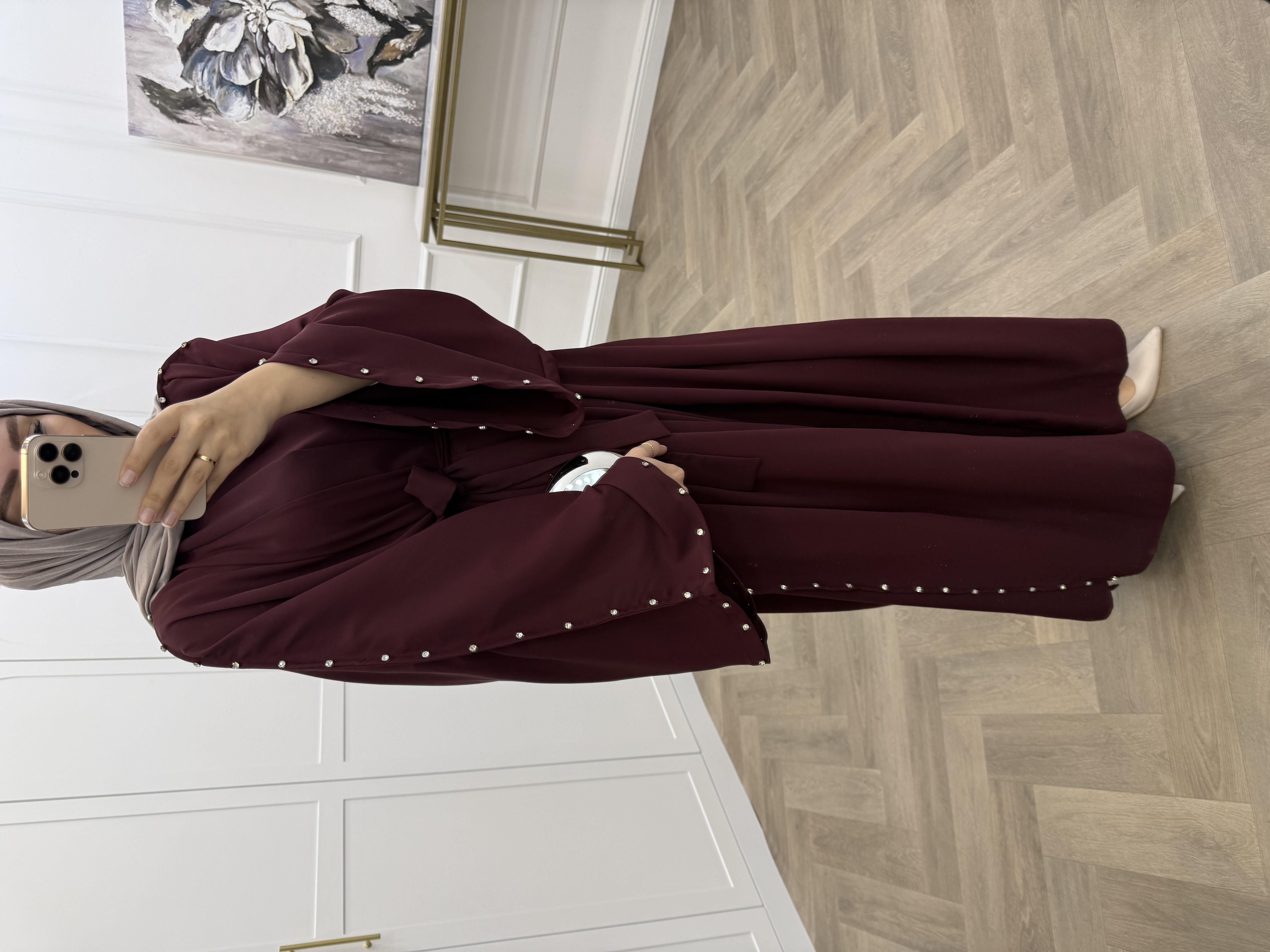 KOLLARI TAŞLI ABAYA TAKIM BORDO