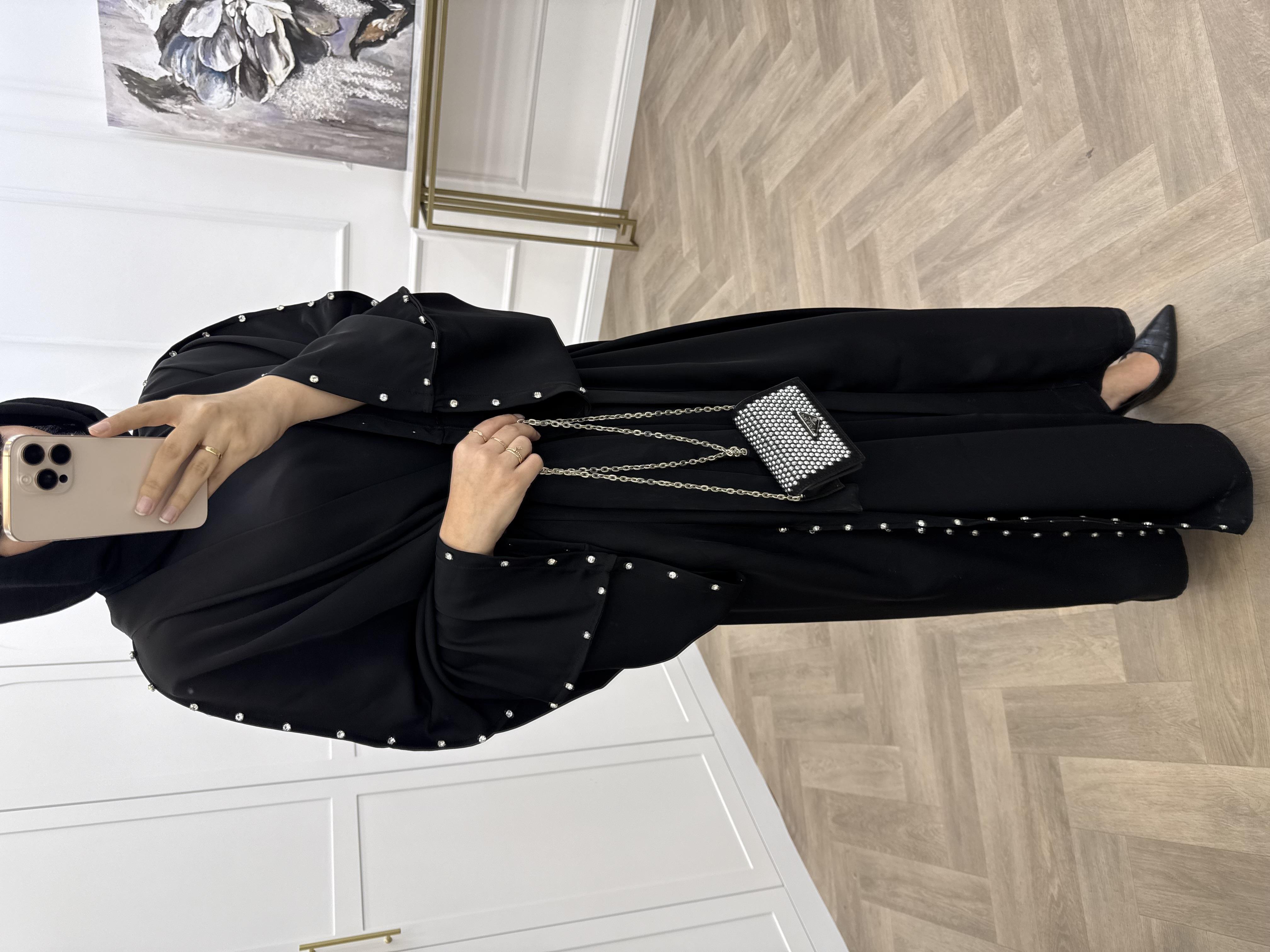 KOLLARI TAŞLI ABAYA TAKIM SİYAH