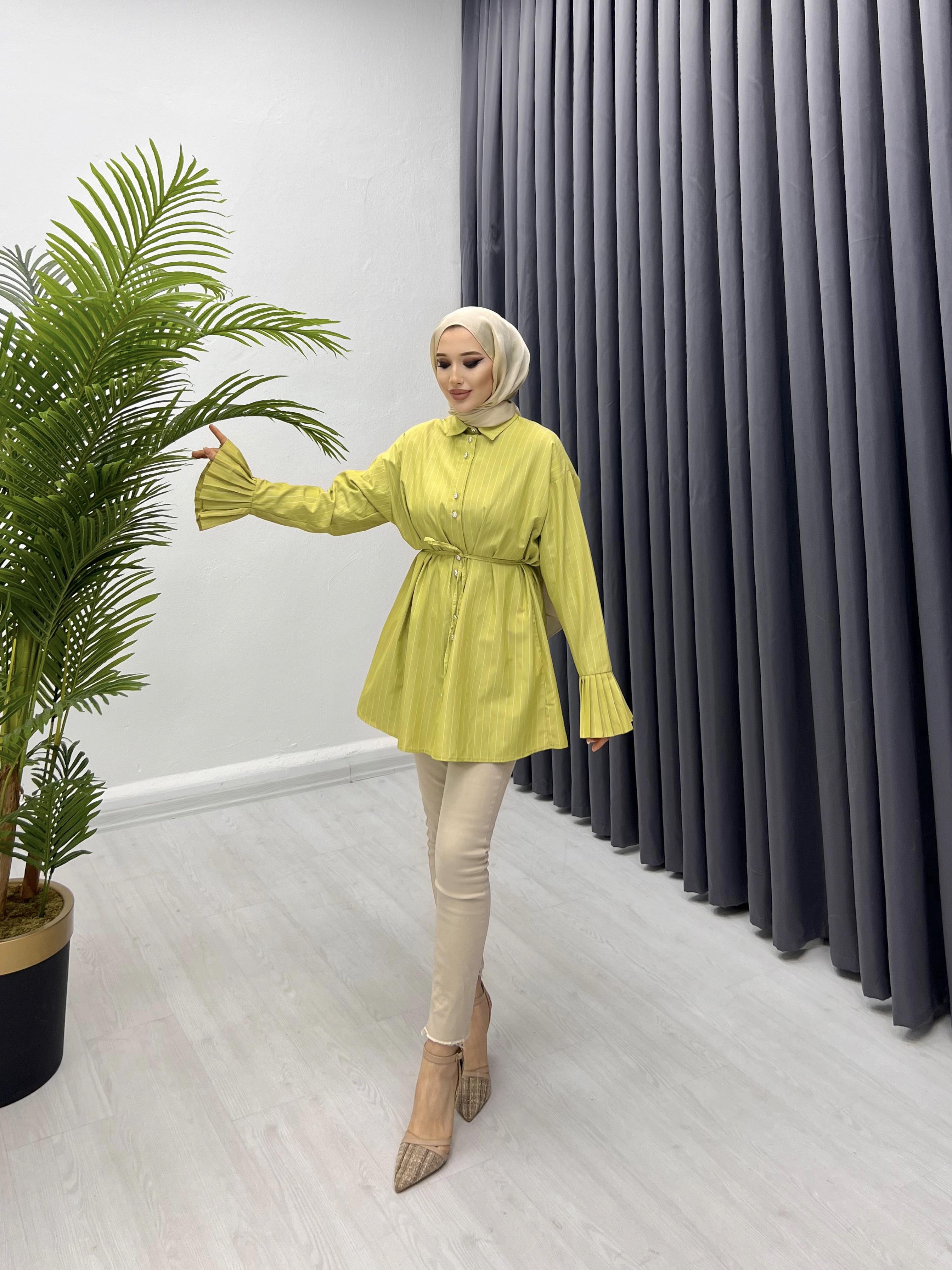 KOLU PİLİSE ÇİZGİLİ GÖMLEK YAĞ YEŞİLİ