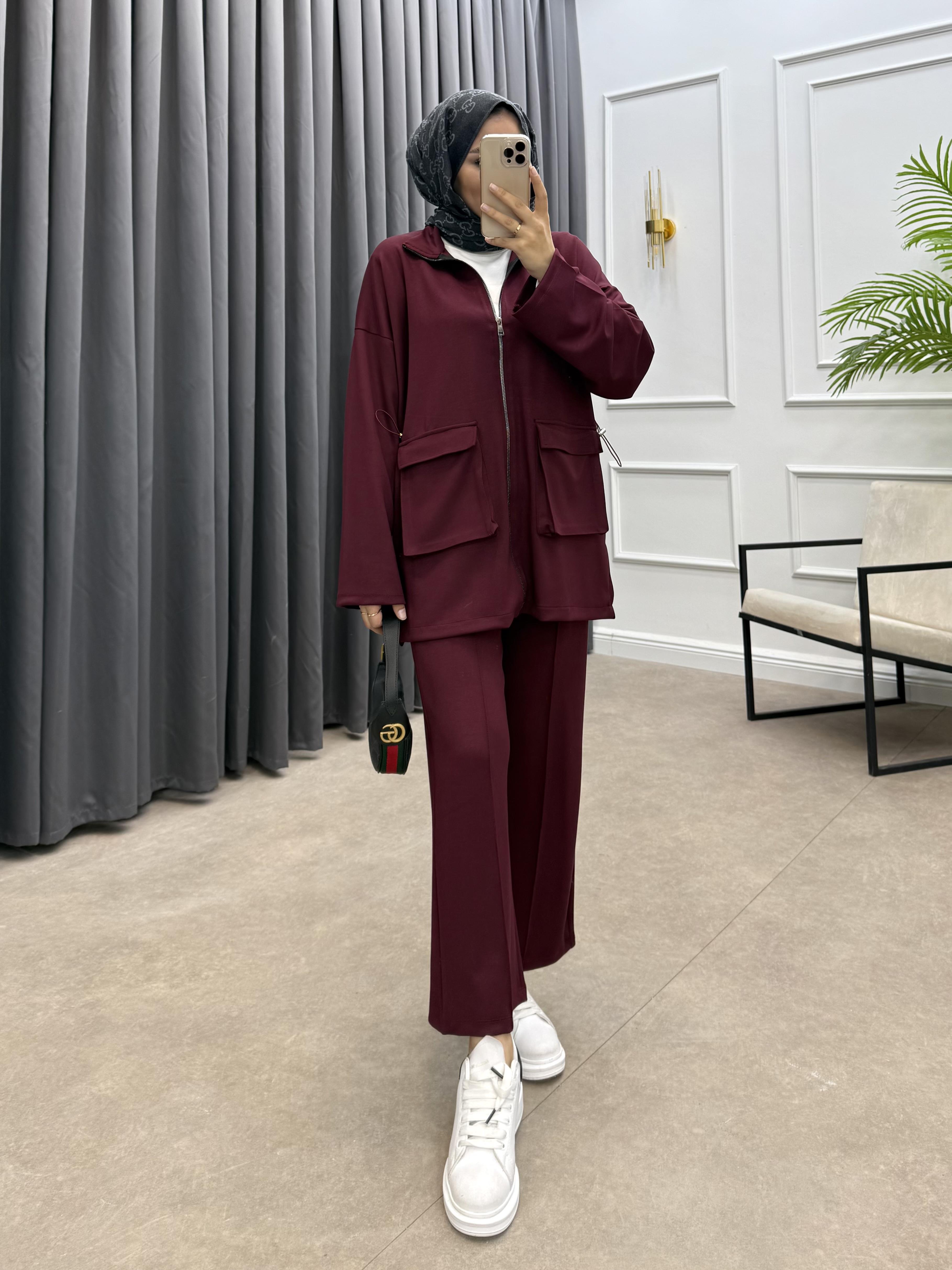 KÖRÜK CEPLİ PANTOLONLU TAKIM BORDO