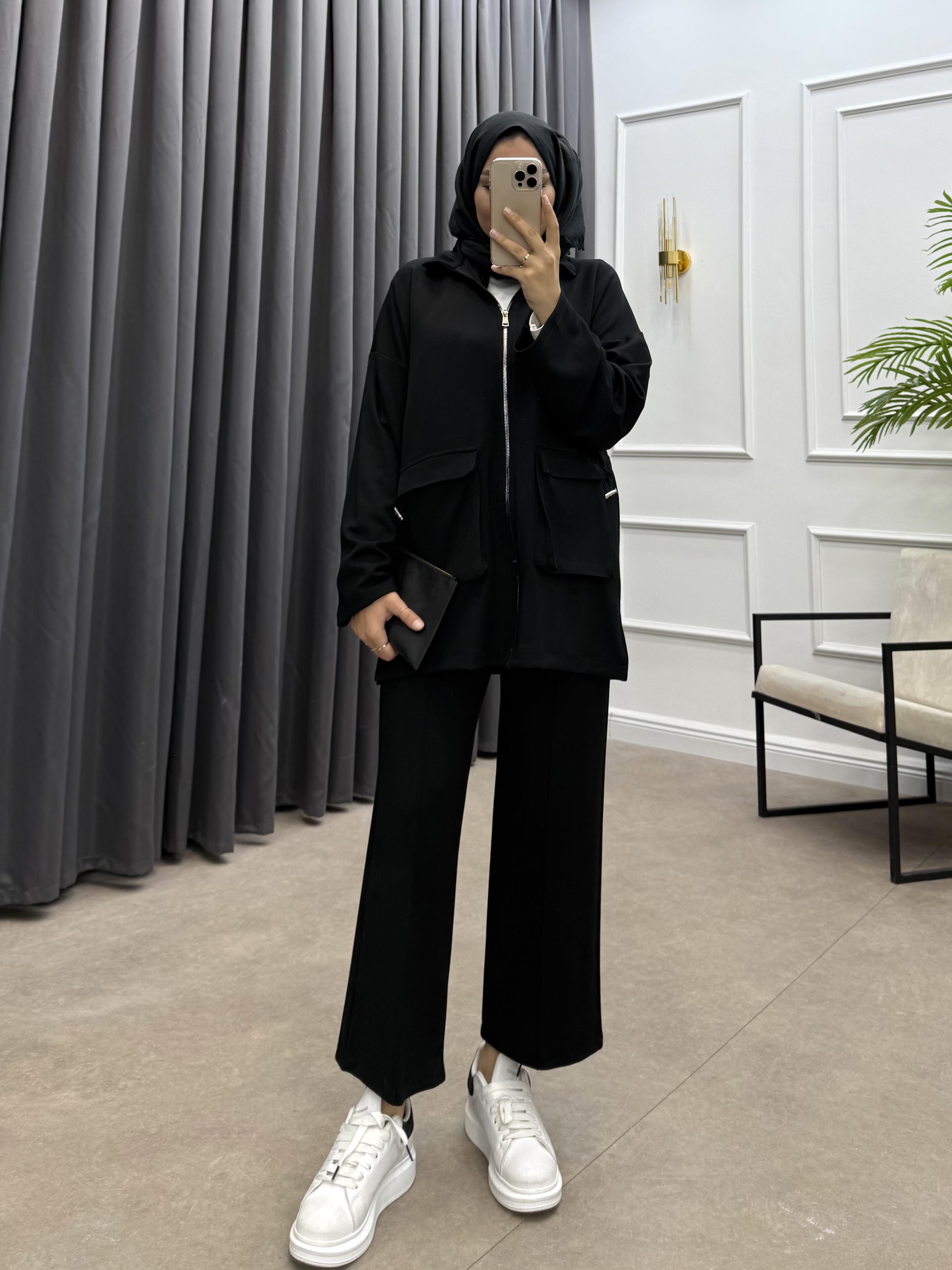 KÖRÜK CEPLİ PANTOLONLU TAKIM SİYAH