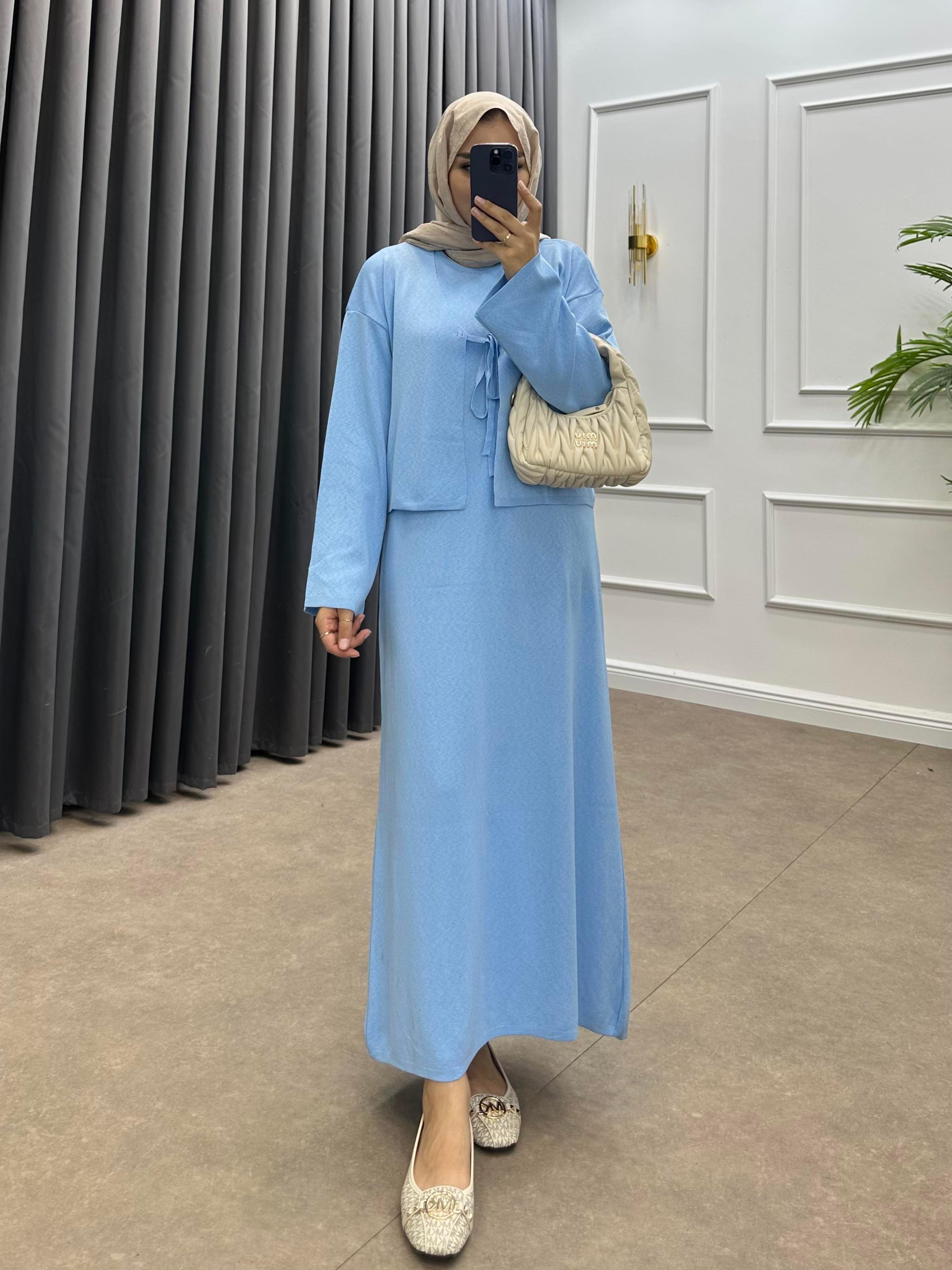 KUĞU CROPLU TRİKO ELBİSE MAVİ