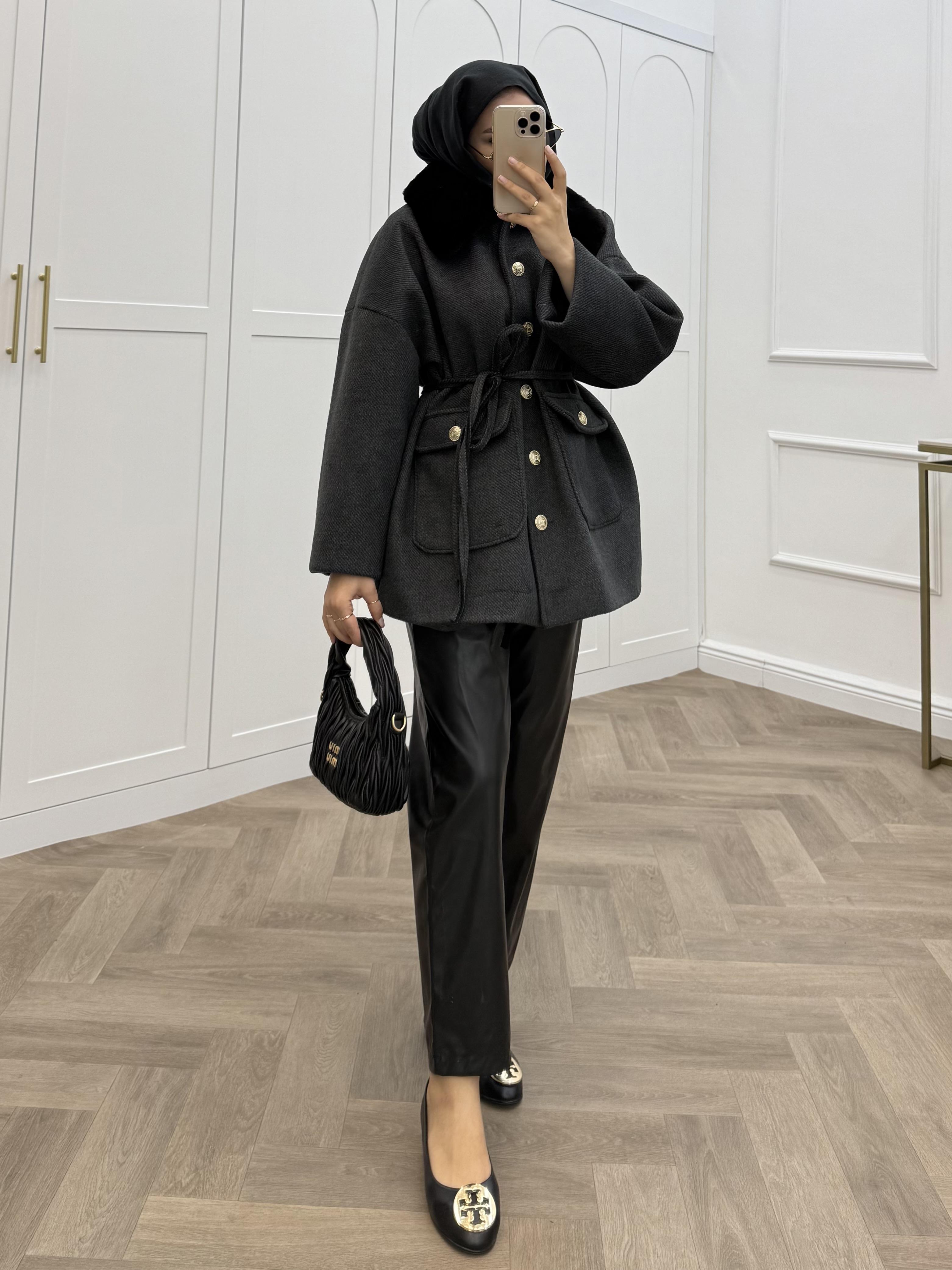 KÜRK YAKA GOLD DÜĞMELİ CEKET ANTRASİT