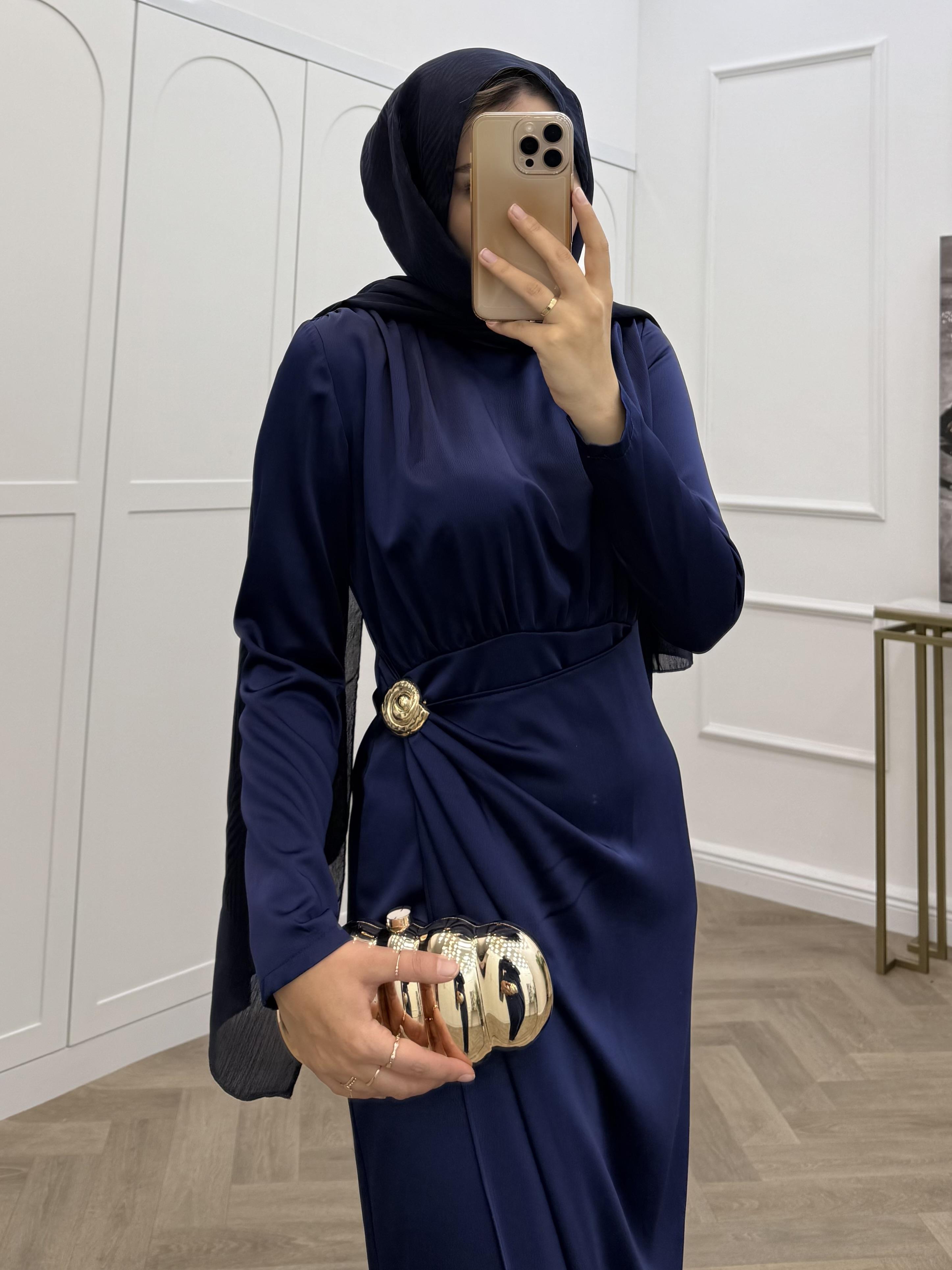 LEDİYA SATEN ELBİSE LACİVERT