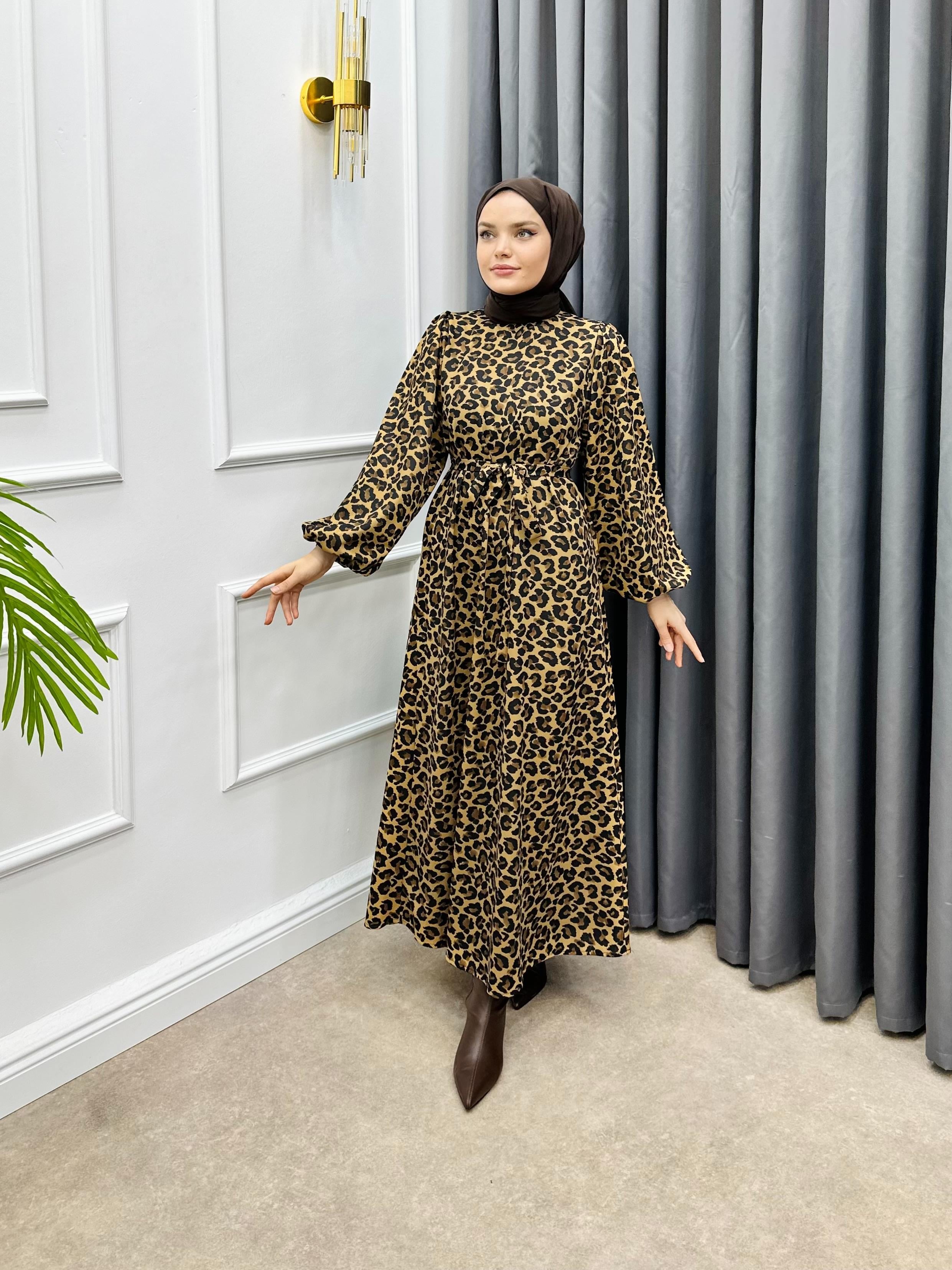 LEOPAR BALON KOL ELBİSE CAMEL